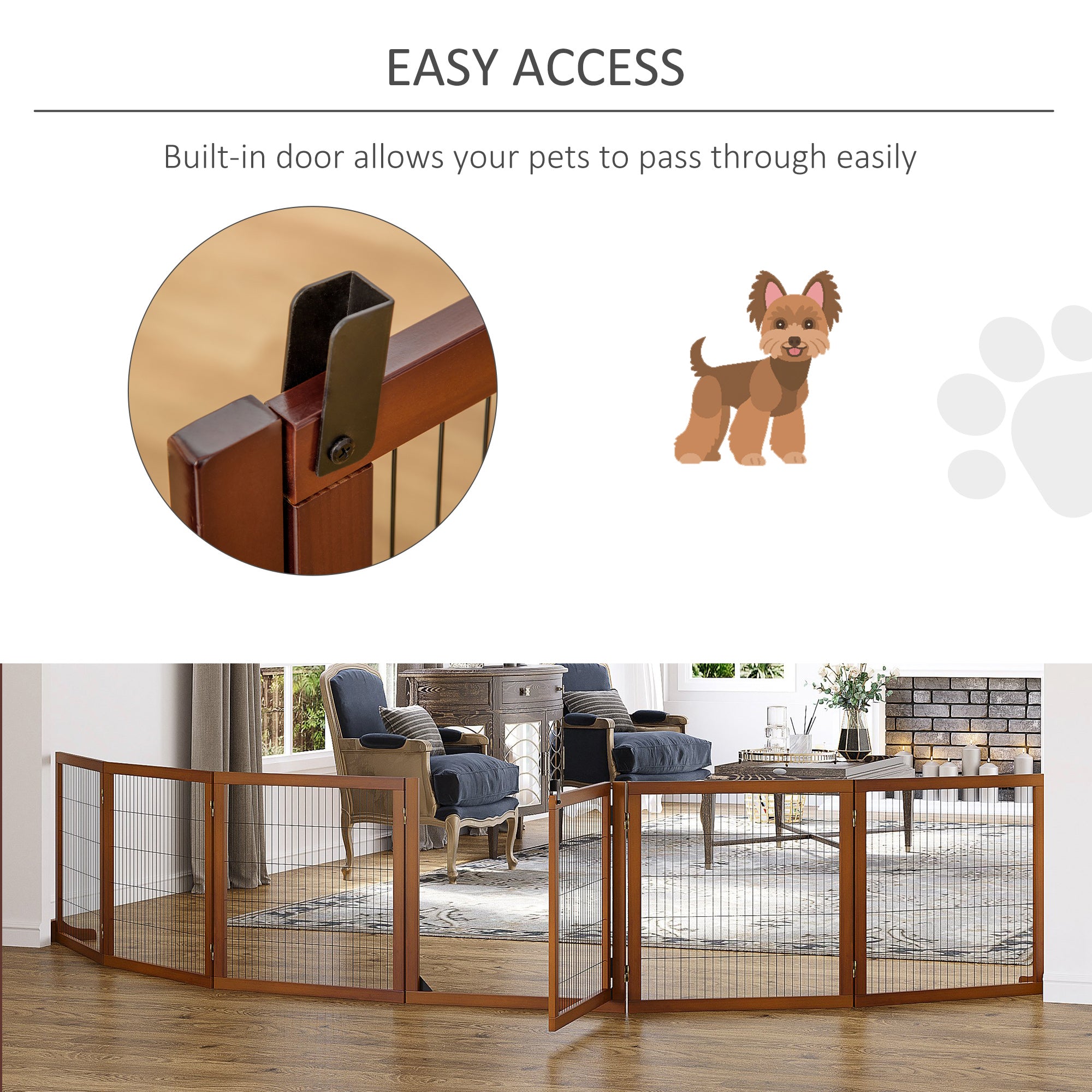 PawHut Wooden Pet Gate, Dog Safety Barrier, Freestanding Foldable Fence, w/ 6 Panels, 2 Support Feet, for House Doorway Stairs, Small & Medium Dogs, Coffee