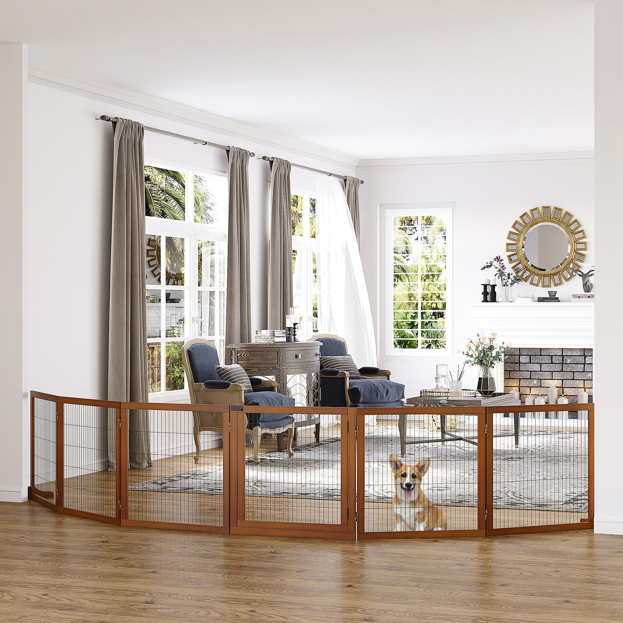 PawHut Wooden Pet Gate, Dog Safety Barrier, Freestanding Foldable Fence, w/ 6 Panels, 2 Support Feet, for House Doorway Stairs, Small & Medium Dogs, Coffee