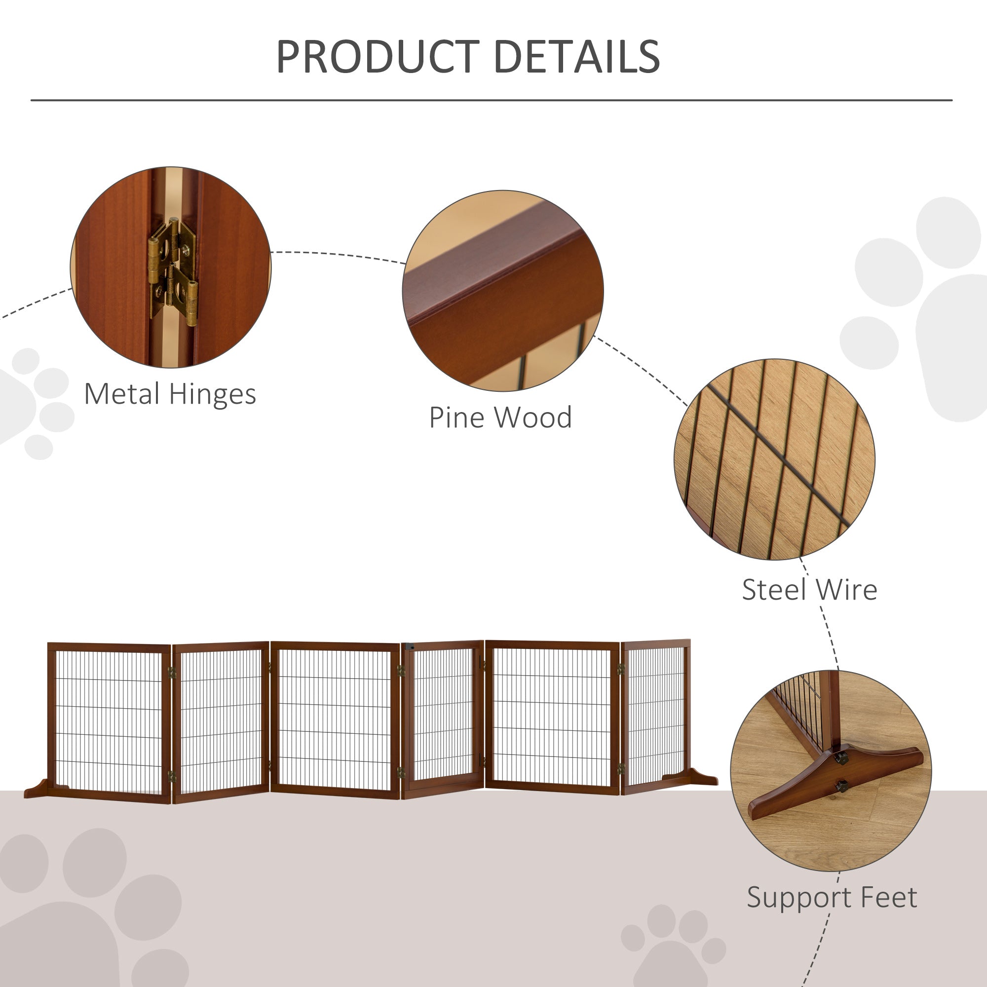 PawHut Wooden Pet Gate, Dog Safety Barrier, Freestanding Foldable Fence, w/ 6 Panels, 2 Support Feet, for House Doorway Stairs, Small & Medium Dogs, Coffee