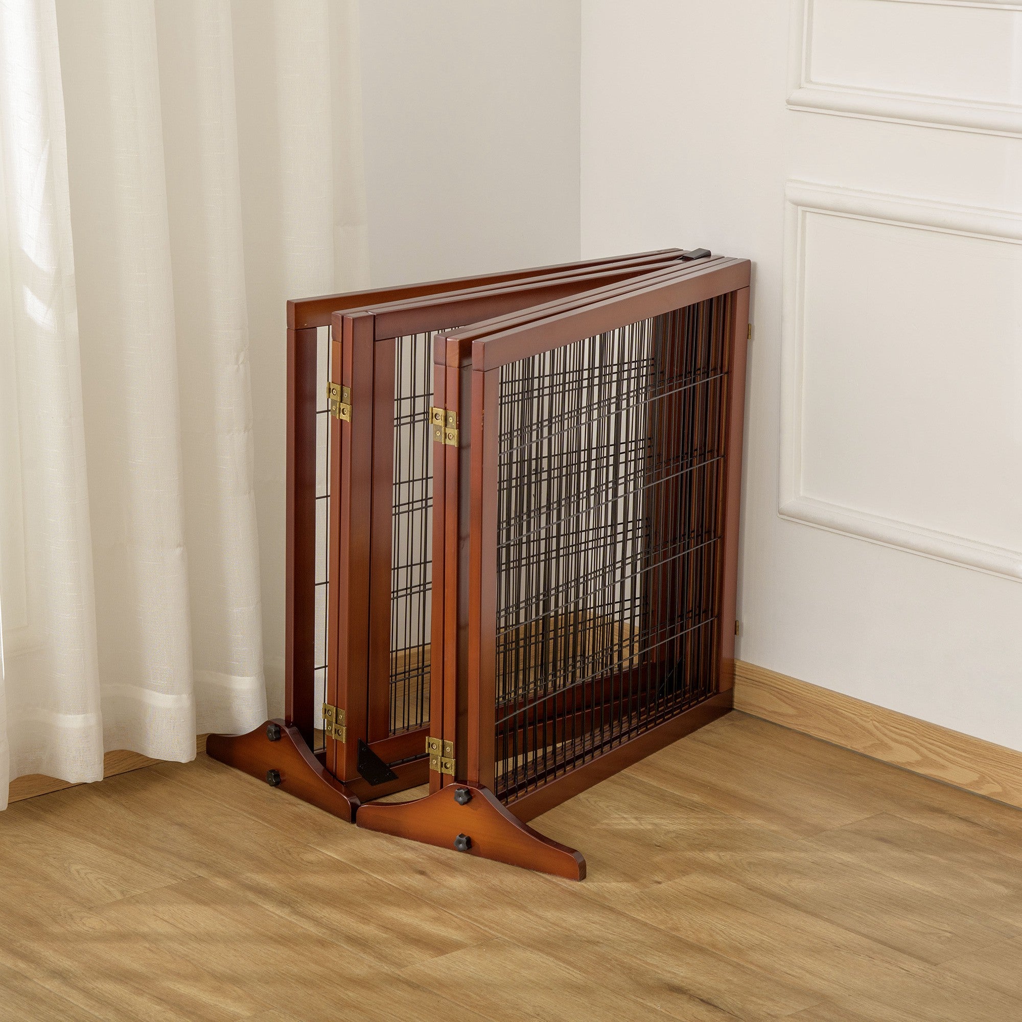 PawHut Wooden Pet Gate, Dog Safety Barrier, Freestanding Foldable Fence, w/ 6 Panels, 2 Support Feet, for House Doorway Stairs, Small & Medium Dogs, Coffee