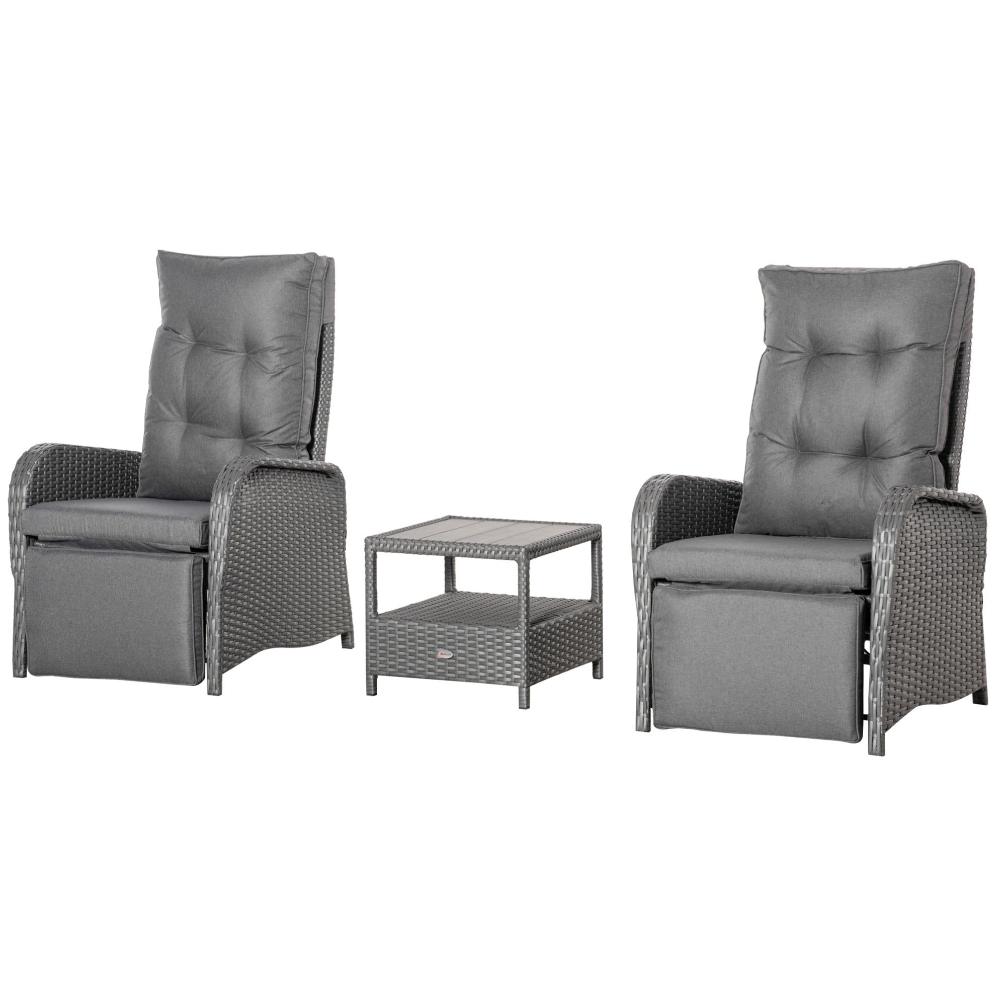 Outsunny 3 Pieces Wicker Patio Furniture Set, Rattan Bistro Set with Reclining Chairs, 2-tier Coffee Table and Cushions, Outdoor Conversation Set for Garden, Porch, Balcony, Grey