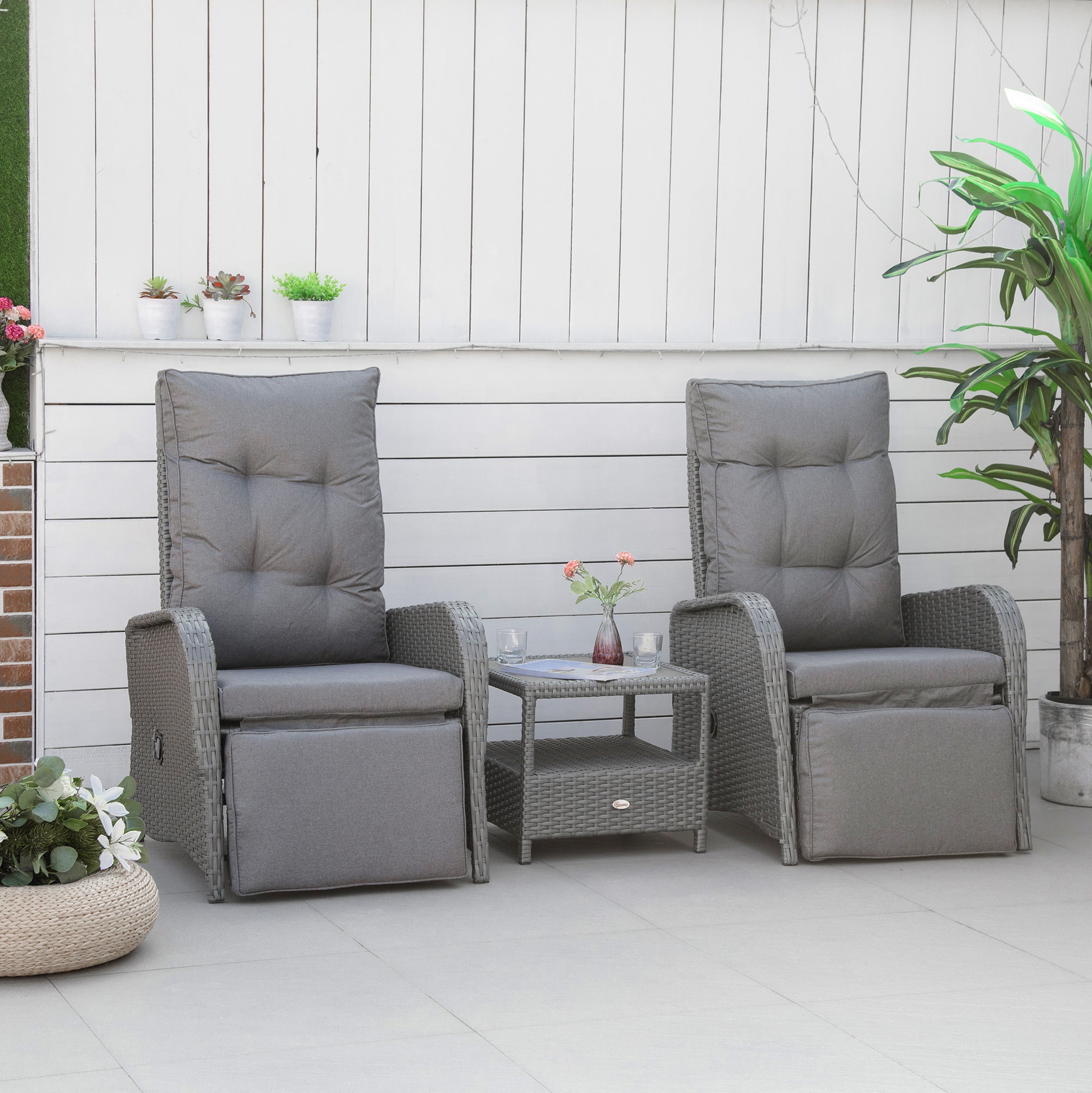 Outsunny 3 Pieces Wicker Patio Furniture Set, Rattan Bistro Set with Reclining Chairs, 2-tier Coffee Table and Cushions, Outdoor Conversation Set for Garden, Porch, Balcony, Grey