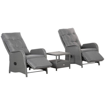 Outsunny 3 Pieces Wicker Patio Furniture Set, Rattan Bistro Set with Reclining Chairs, 2-tier Coffee Table and Cushions, Outdoor Conversation Set for Garden, Porch, Balcony, Grey