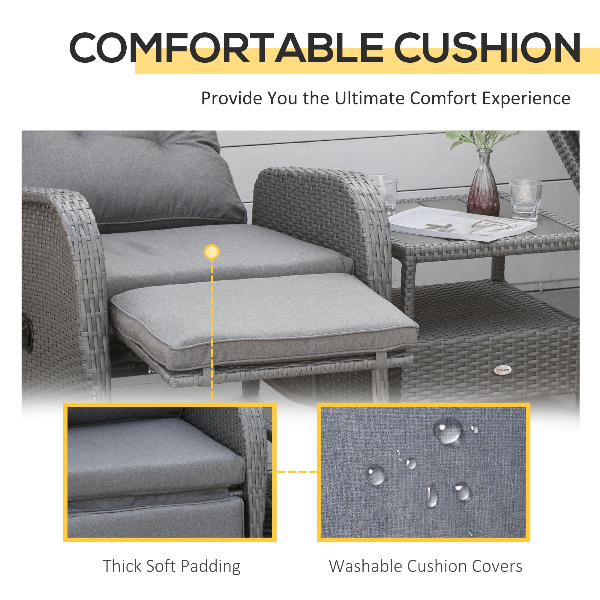 Outsunny 3 Pieces Wicker Patio Furniture Set, Rattan Bistro Set with Reclining Chairs, 2-tier Coffee Table and Cushions, Outdoor Conversation Set for Garden, Porch, Balcony, Grey