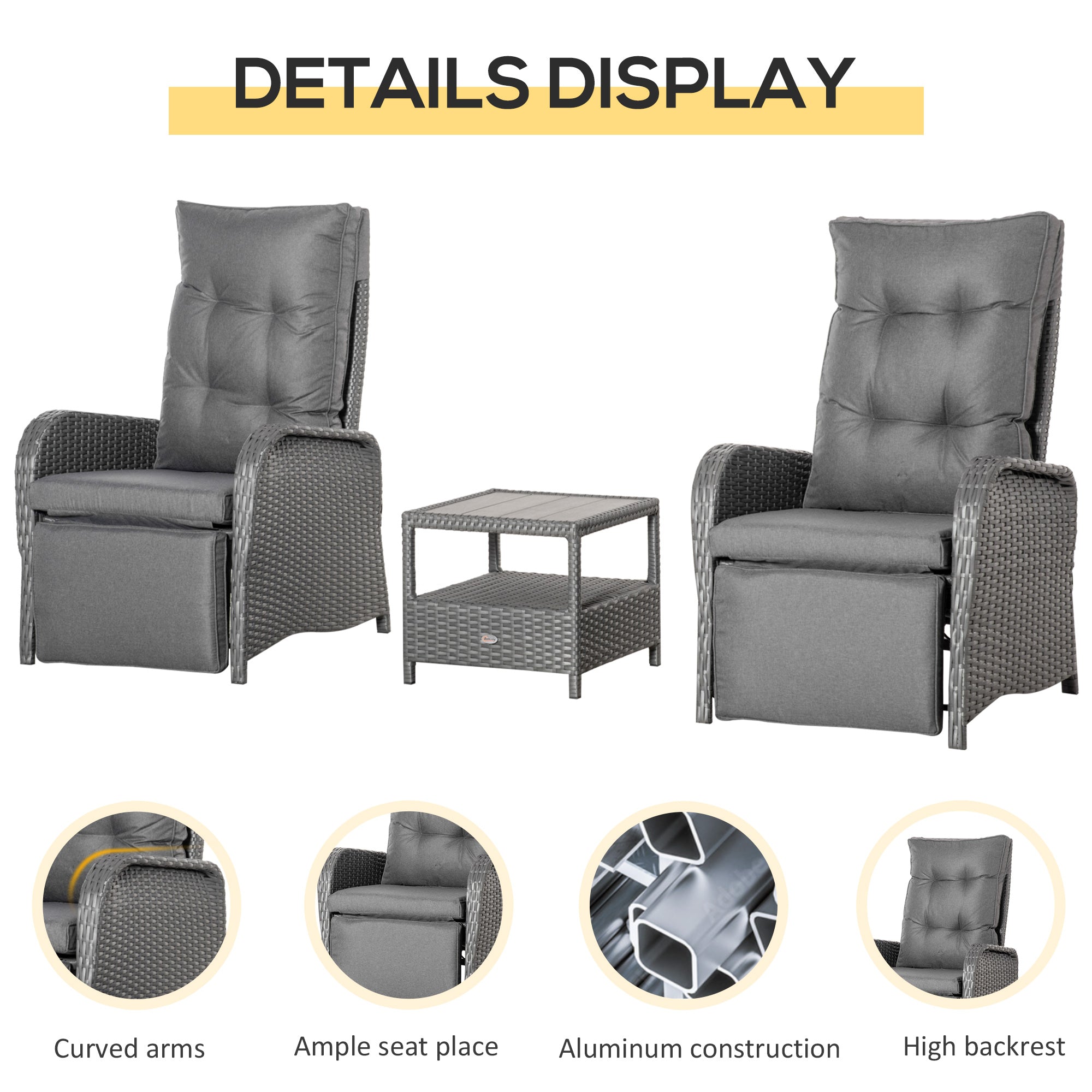 Outsunny 3 Pieces Wicker Patio Furniture Set, Rattan Bistro Set with Reclining Chairs, 2-tier Coffee Table and Cushions, Outdoor Conversation Set for Garden, Porch, Balcony, Grey