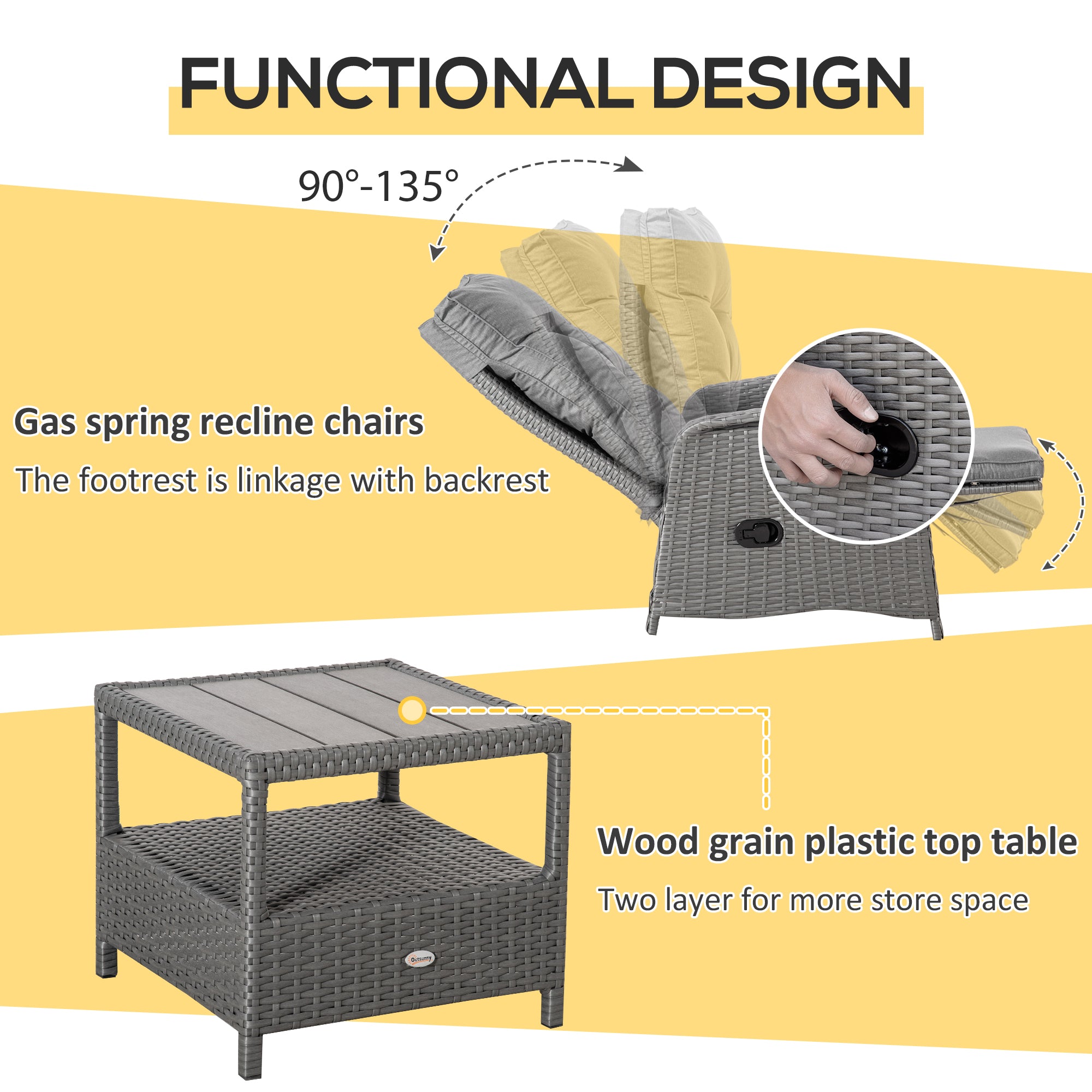 Outsunny 3 Pieces Wicker Patio Furniture Set, Rattan Bistro Set with Reclining Chairs, 2-tier Coffee Table and Cushions, Outdoor Conversation Set for Garden, Porch, Balcony, Grey