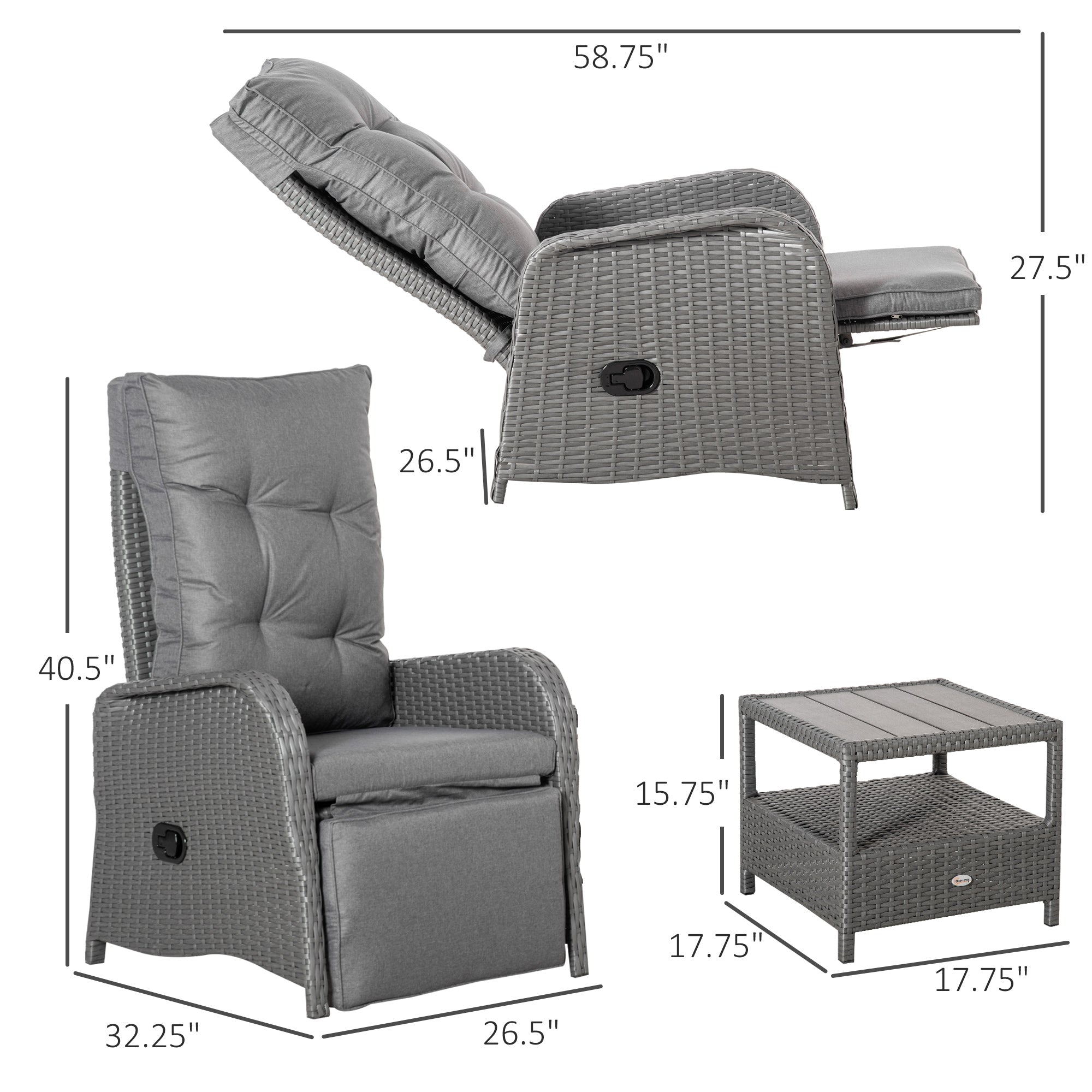 Outsunny 3 Pieces Wicker Patio Furniture Set, Rattan Bistro Set with Reclining Chairs, 2-tier Coffee Table and Cushions, Outdoor Conversation Set for Garden, Porch, Balcony, Grey
