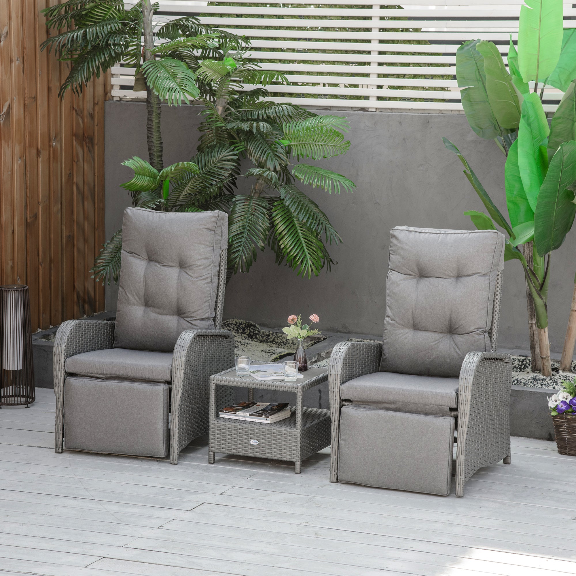 Outsunny 3 Pieces Wicker Patio Furniture Set, Rattan Bistro Set with Reclining Chairs, 2-tier Coffee Table and Cushions, Outdoor Conversation Set for Garden, Porch, Balcony, Grey