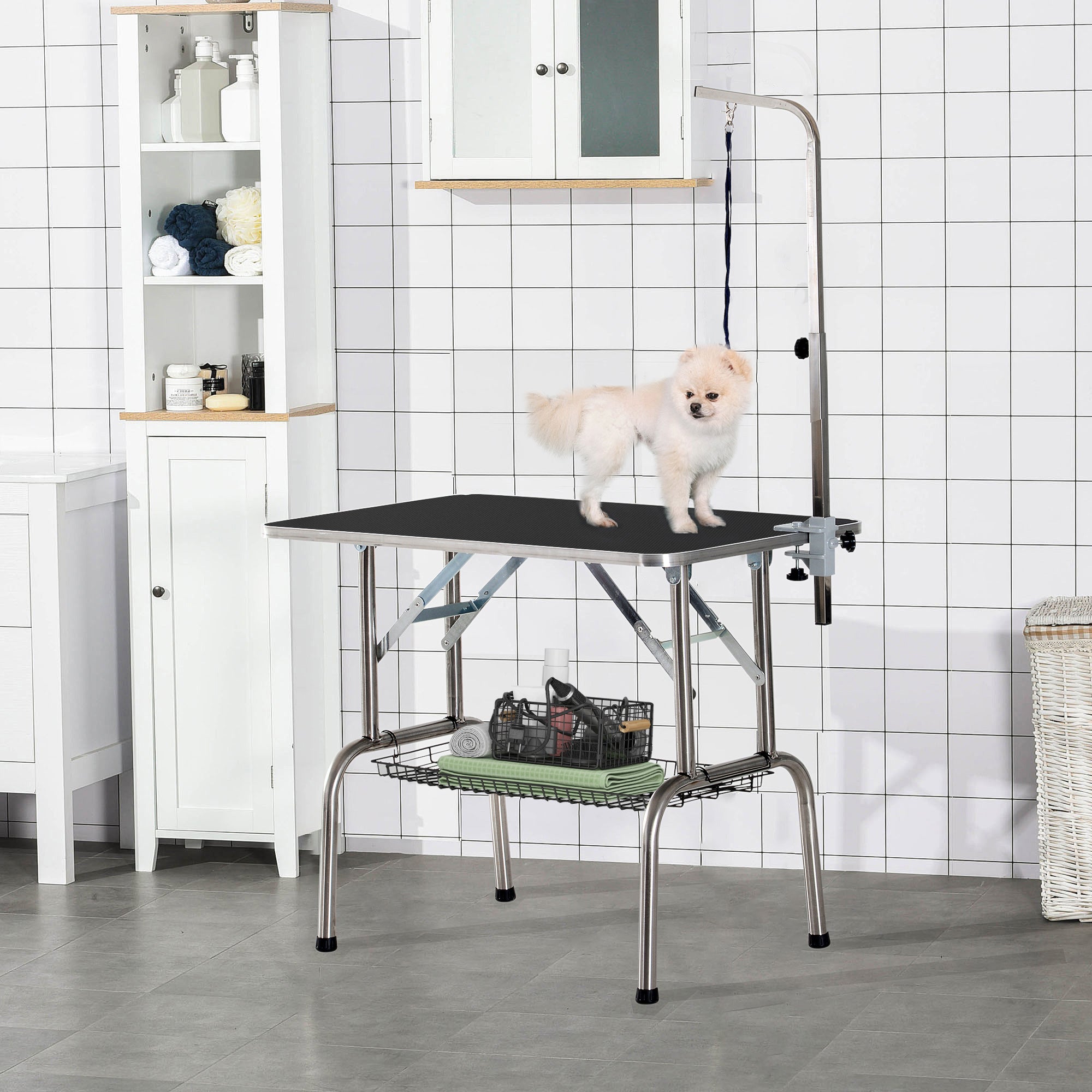 PawHut 36" Dog Grooming Table with Adjustable Grooming Arm, Pet Grooming Table for Dogs with Storage Shelf, Foldable Design, Black