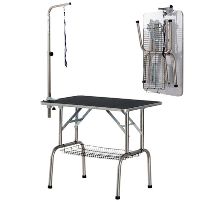 PawHut 36" Dog Grooming Table with Adjustable Grooming Arm, Pet Grooming Table for Dogs with Storage Shelf, Foldable Design, Black