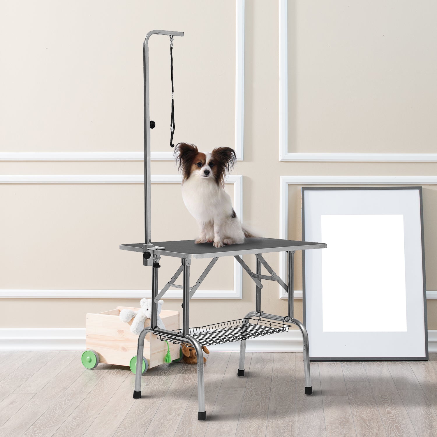 PawHut 36" Dog Grooming Table with Adjustable Grooming Arm, Pet Grooming Table for Dogs with Storage Shelf, Foldable Design, Black