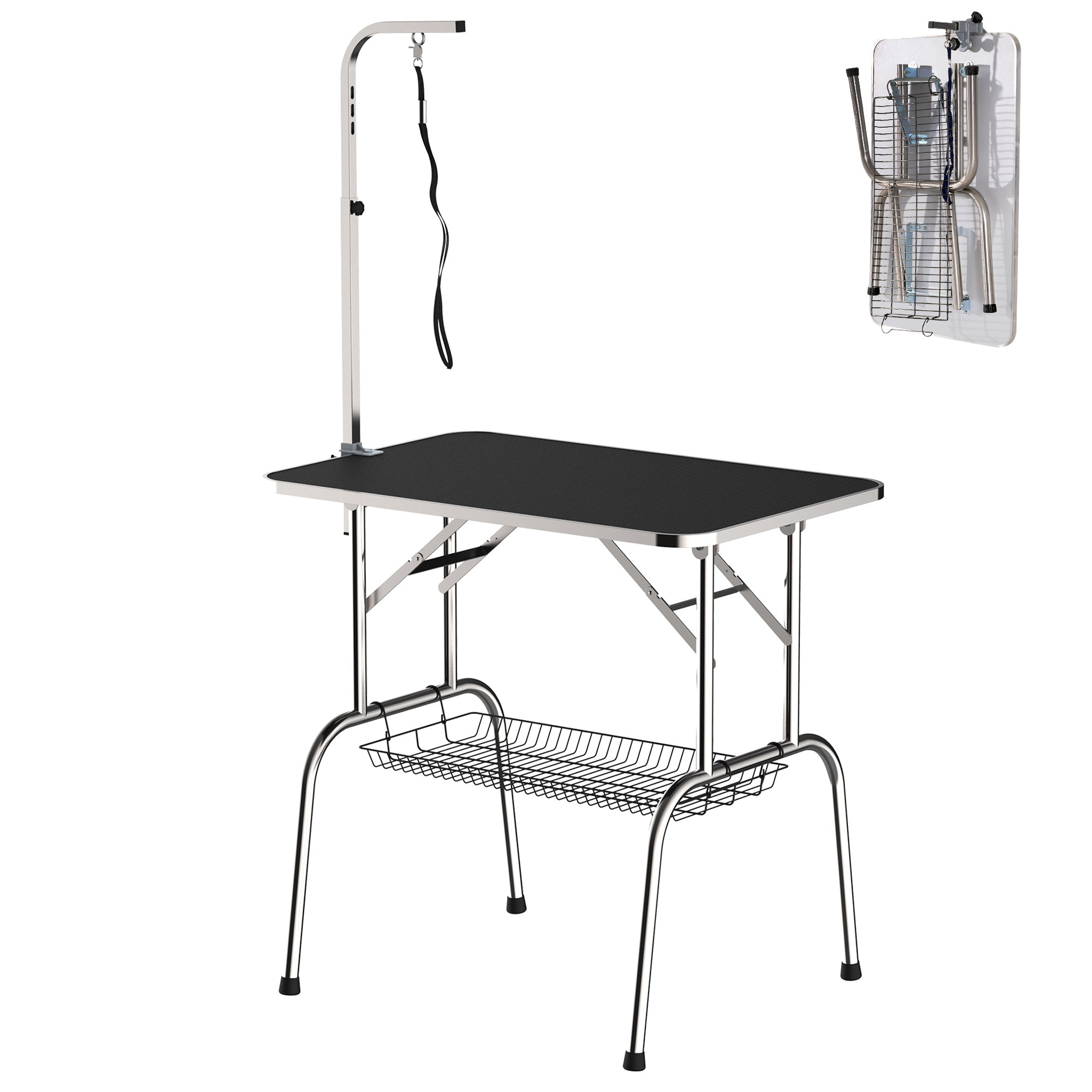 PawHut 36" Dog Grooming Table with Adjustable Grooming Arm, Pet Grooming Table for Dogs with Storage Shelf, Foldable Design, Black