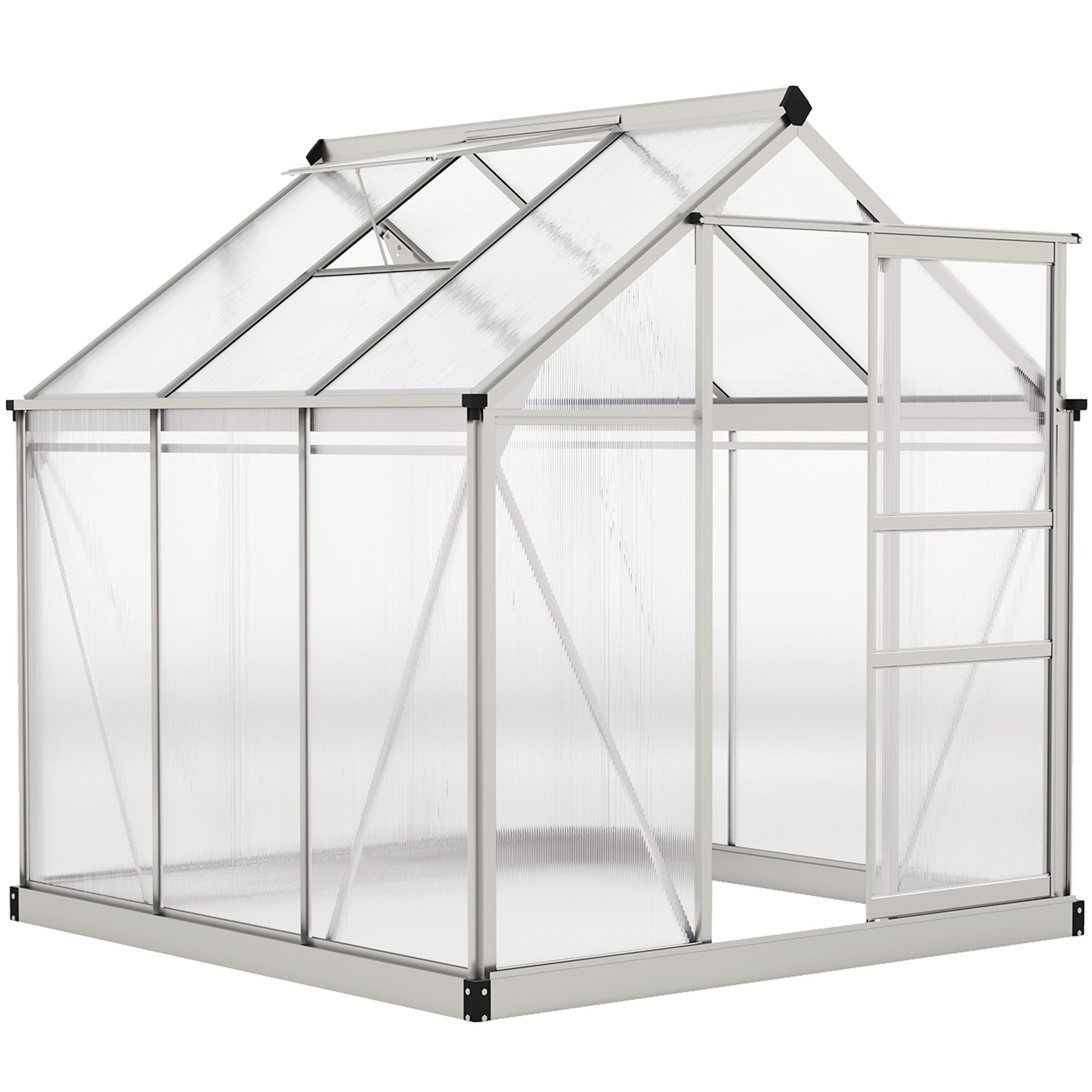 Outsunny 6' x 6' x 6.6' Polycarbonate Greenhouse, Walk-In Green House Kit Garden, Plants Grow, Galvanized Sheet Aluminum Frame with Rain Gutter, Vent and Sliding Door, Silver