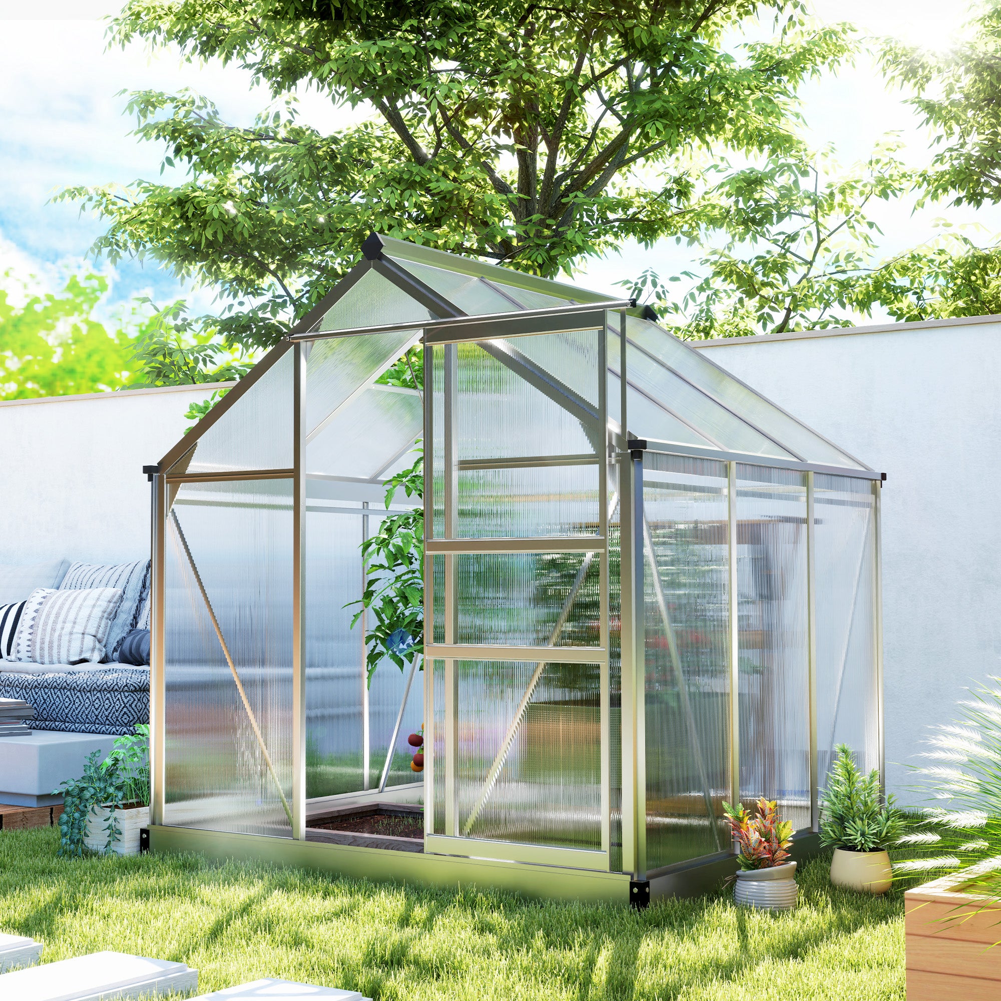 Outsunny 6' x 6' x 6.6' Polycarbonate Greenhouse, Walk-In Green House Kit Garden, Plants Grow, Galvanized Sheet Aluminum Frame with Rain Gutter, Vent and Sliding Door, Silver