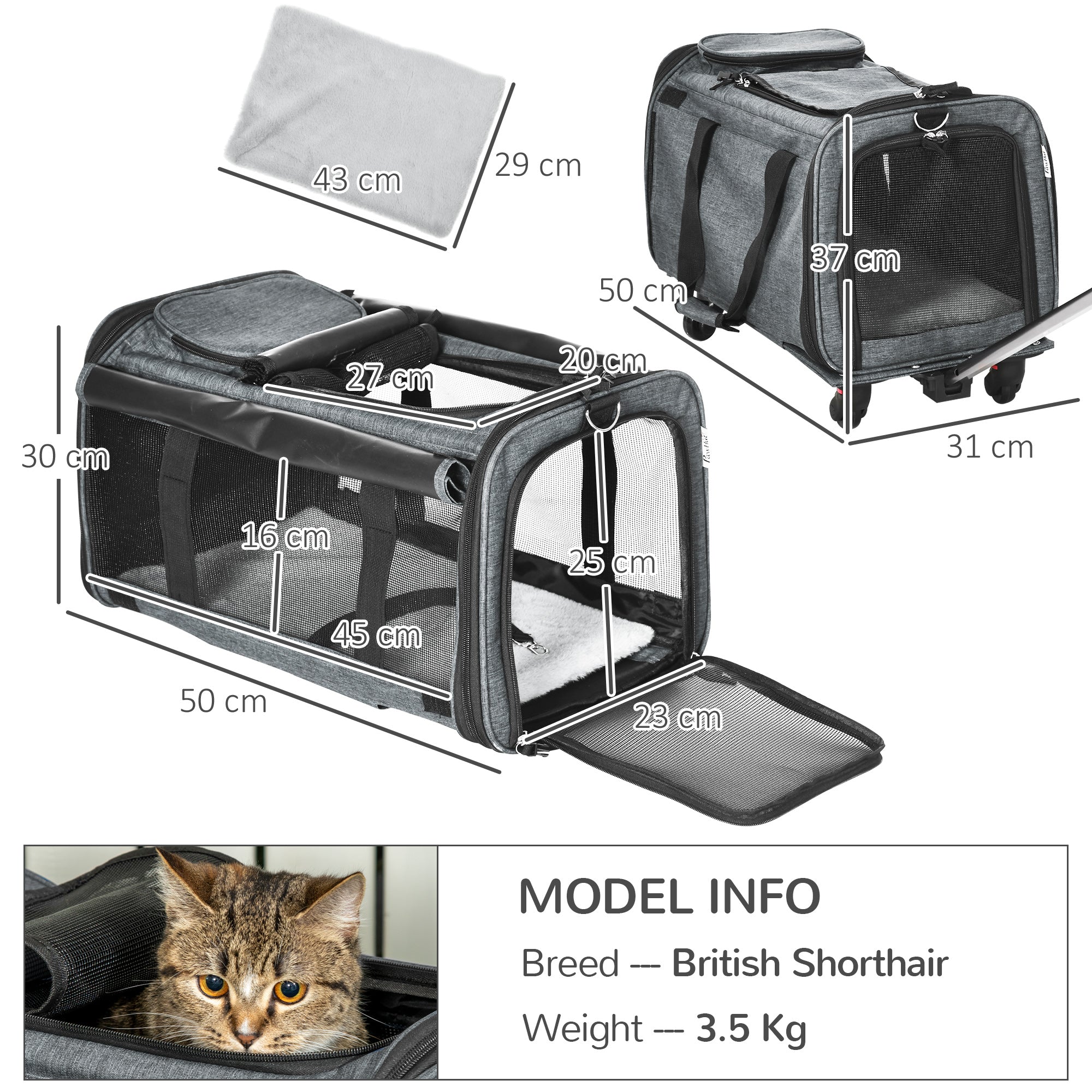 PawHut 4 in 1 Pet Carrier On Wheels for Cats, Miniature Dogs, Pet Trolley, Sling Bag, Cat Travel Carrier Bag, Car Seat with Telescopic Handle, Storage, Grey