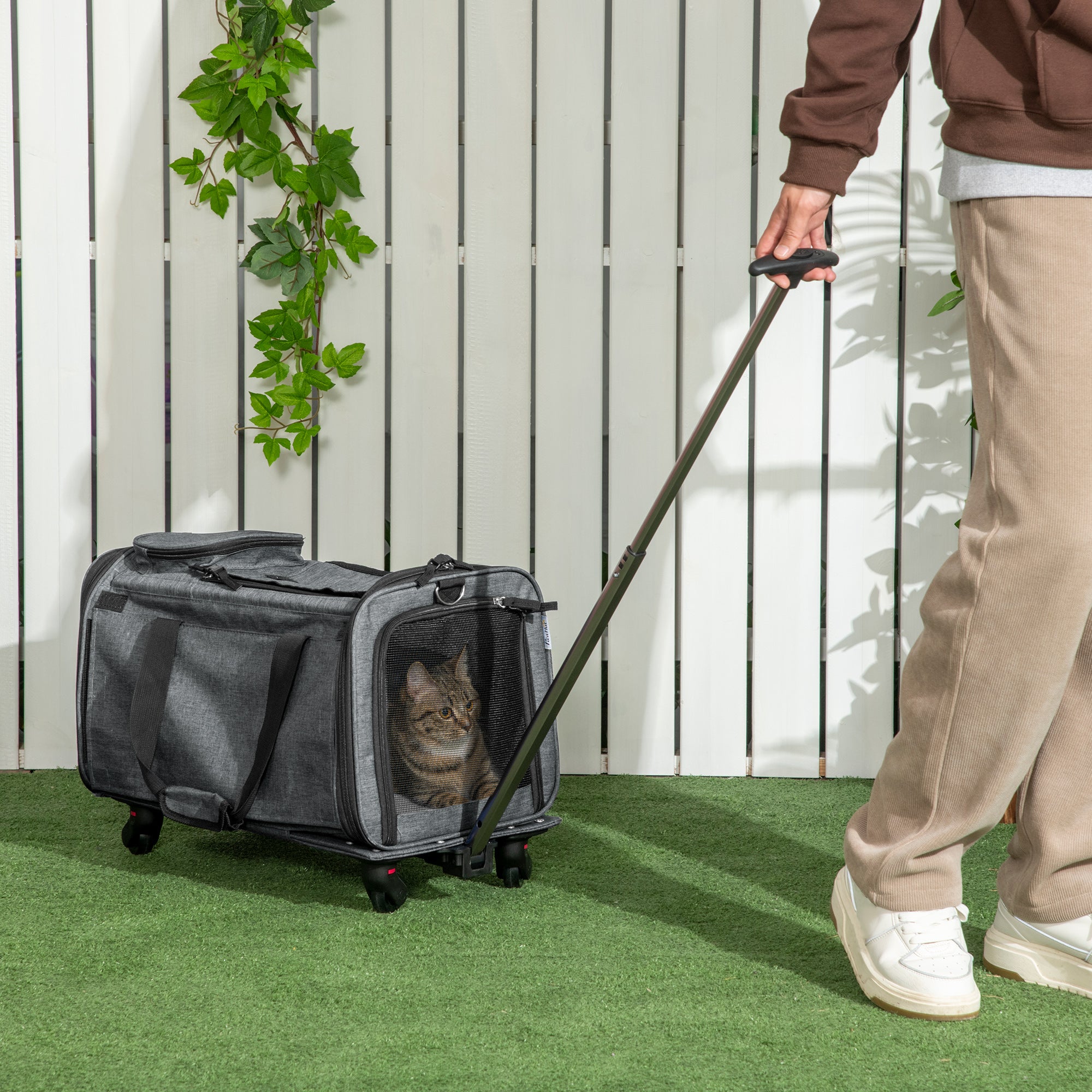 PawHut 4 in 1 Pet Carrier On Wheels for Cats, Miniature Dogs, Pet Trolley, Sling Bag, Cat Travel Carrier Bag, Car Seat with Telescopic Handle, Storage, Grey