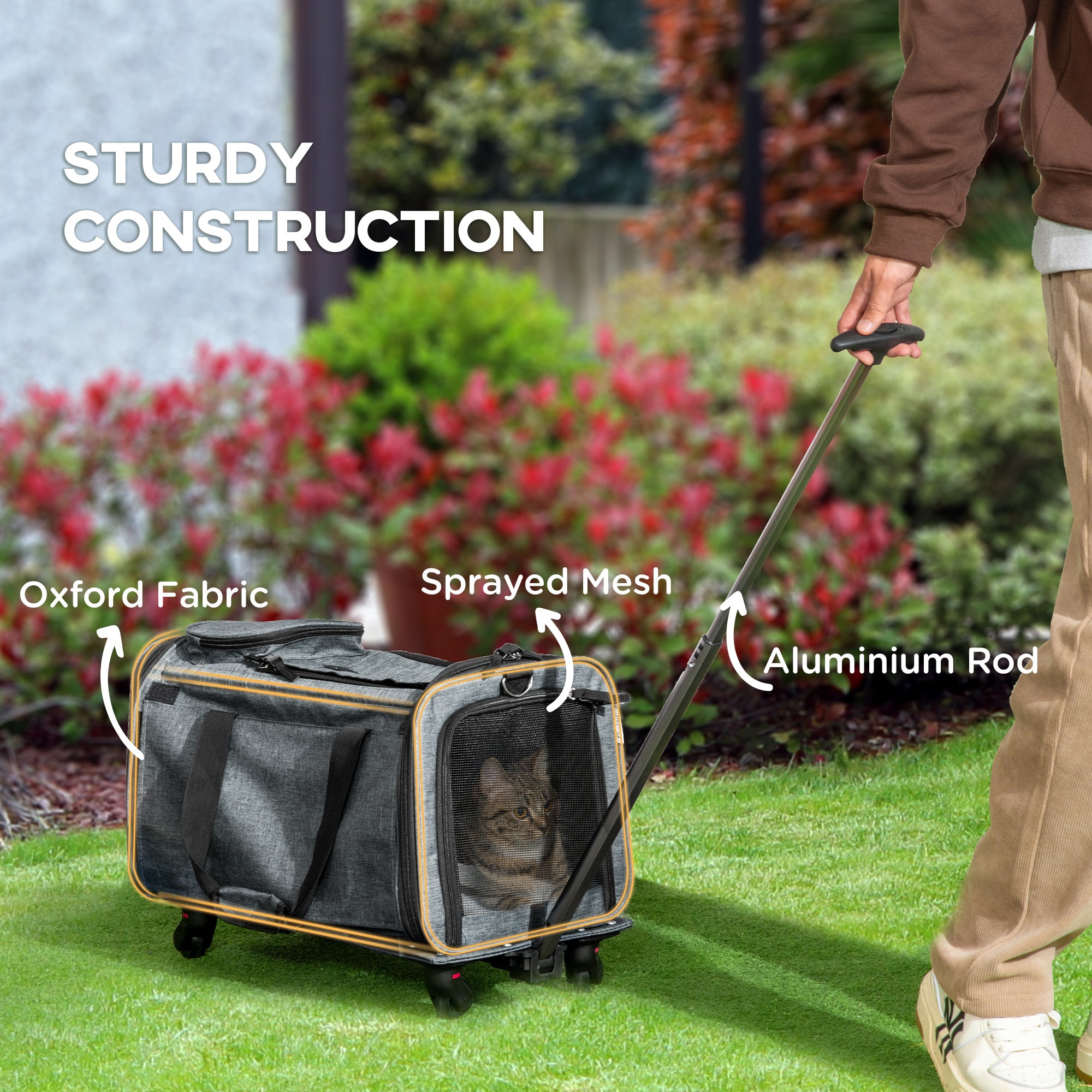 PawHut 4 in 1 Pet Carrier On Wheels for Cats, Miniature Dogs, Pet Trolley, Sling Bag, Cat Travel Carrier Bag, Car Seat with Telescopic Handle, Storage, Grey