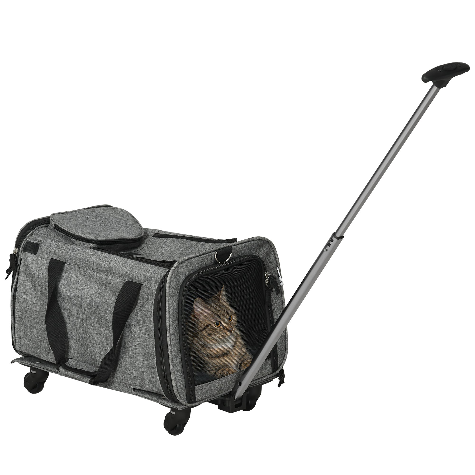 PawHut 4 in 1 Pet Carrier On Wheels for Cats, Miniature Dogs, Pet Trolley, Sling Bag, Cat Travel Carrier Bag, Car Seat with Telescopic Handle, Storage, Grey