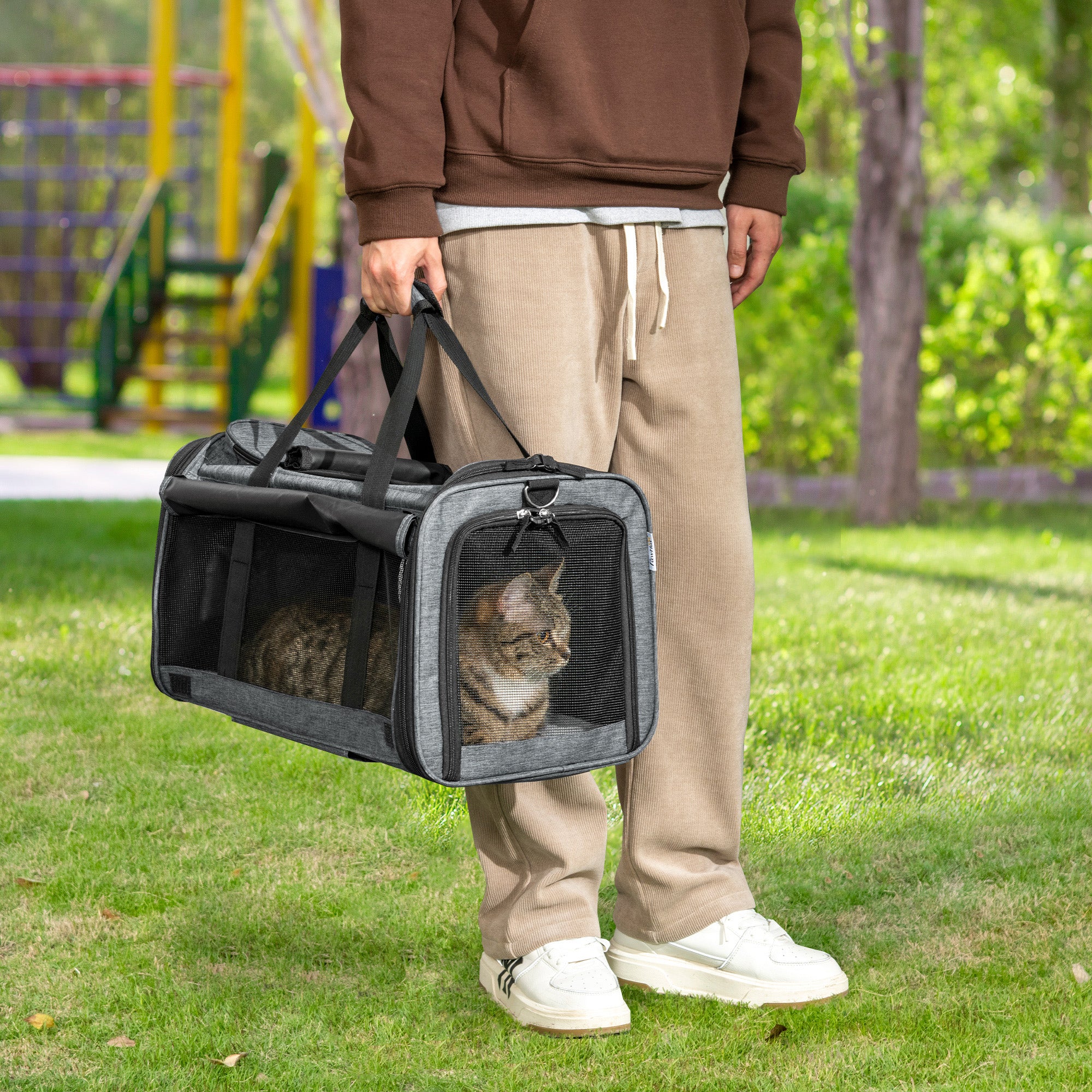 PawHut 4 in 1 Pet Carrier On Wheels for Cats, Miniature Dogs, Pet Trolley, Sling Bag, Cat Travel Carrier Bag, Car Seat with Telescopic Handle, Storage, Grey