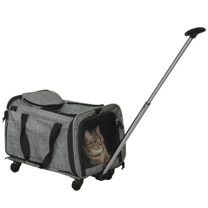 PawHut 4 in 1 Pet Carrier On Wheels for Cats, Miniature Dogs, Pet Trolley, Sling Bag, Cat Travel Carrier Bag, Car Seat with Telescopic Handle, Storage, Grey