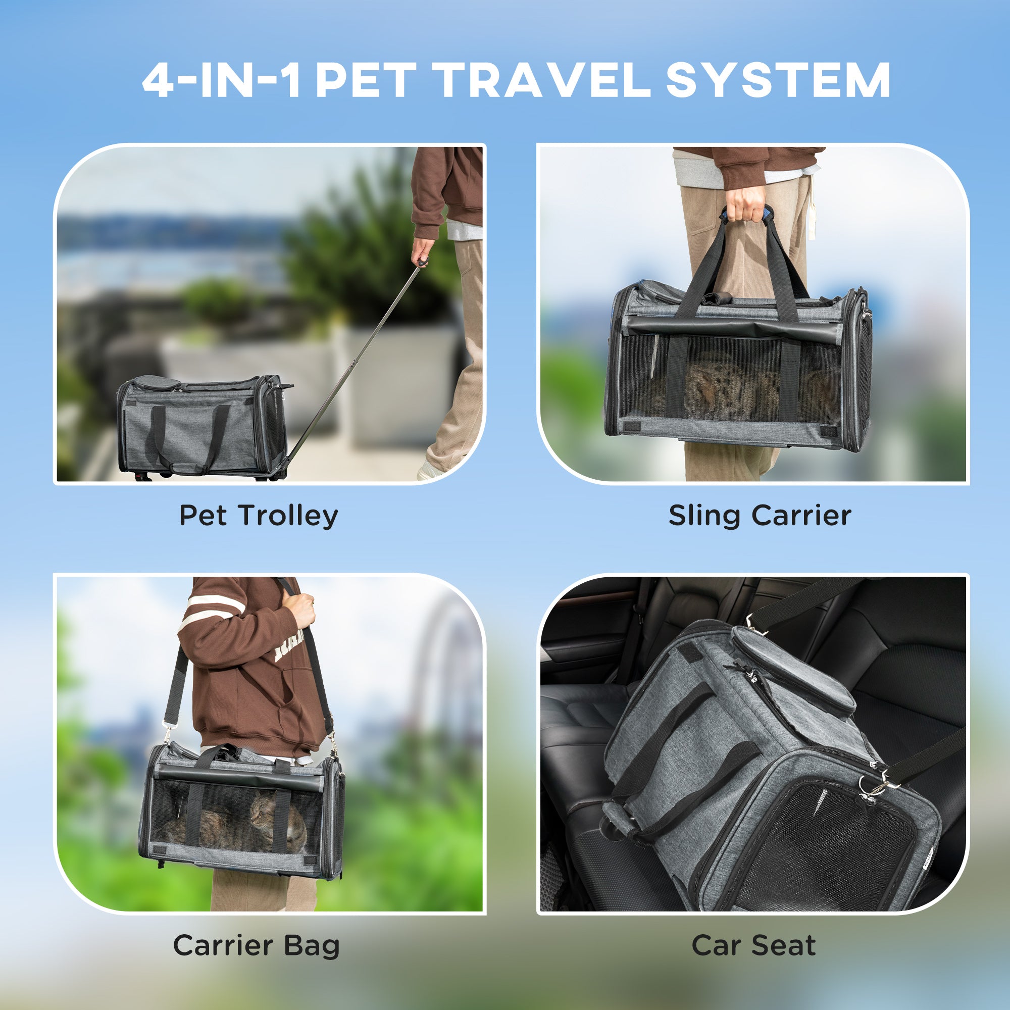 PawHut 4 in 1 Pet Carrier On Wheels for Cats, Miniature Dogs, Pet Trolley, Sling Bag, Cat Travel Carrier Bag, Car Seat with Telescopic Handle, Storage, Grey