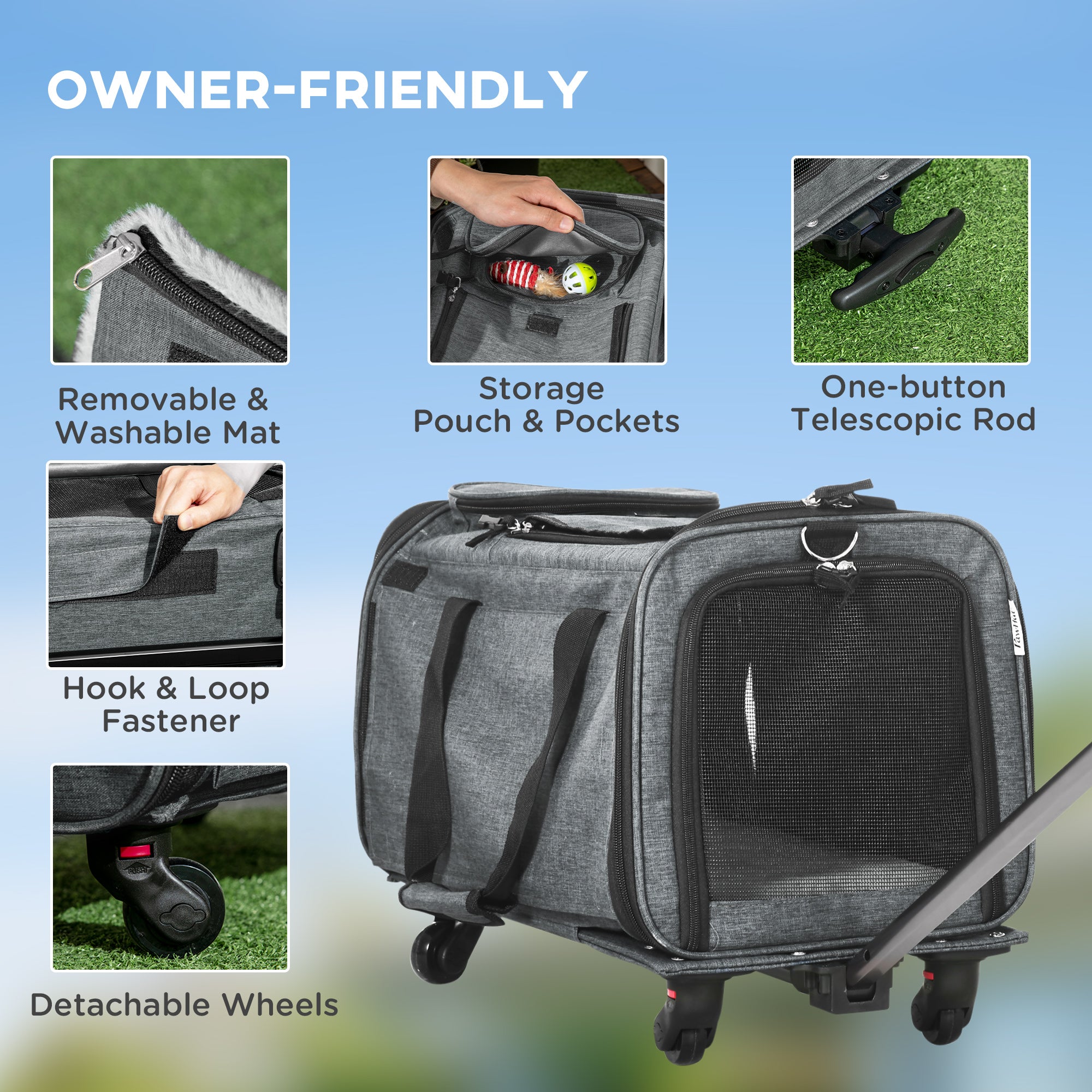 PawHut 4 in 1 Pet Carrier On Wheels for Cats, Miniature Dogs, Pet Trolley, Sling Bag, Cat Travel Carrier Bag, Car Seat with Telescopic Handle, Storage, Grey