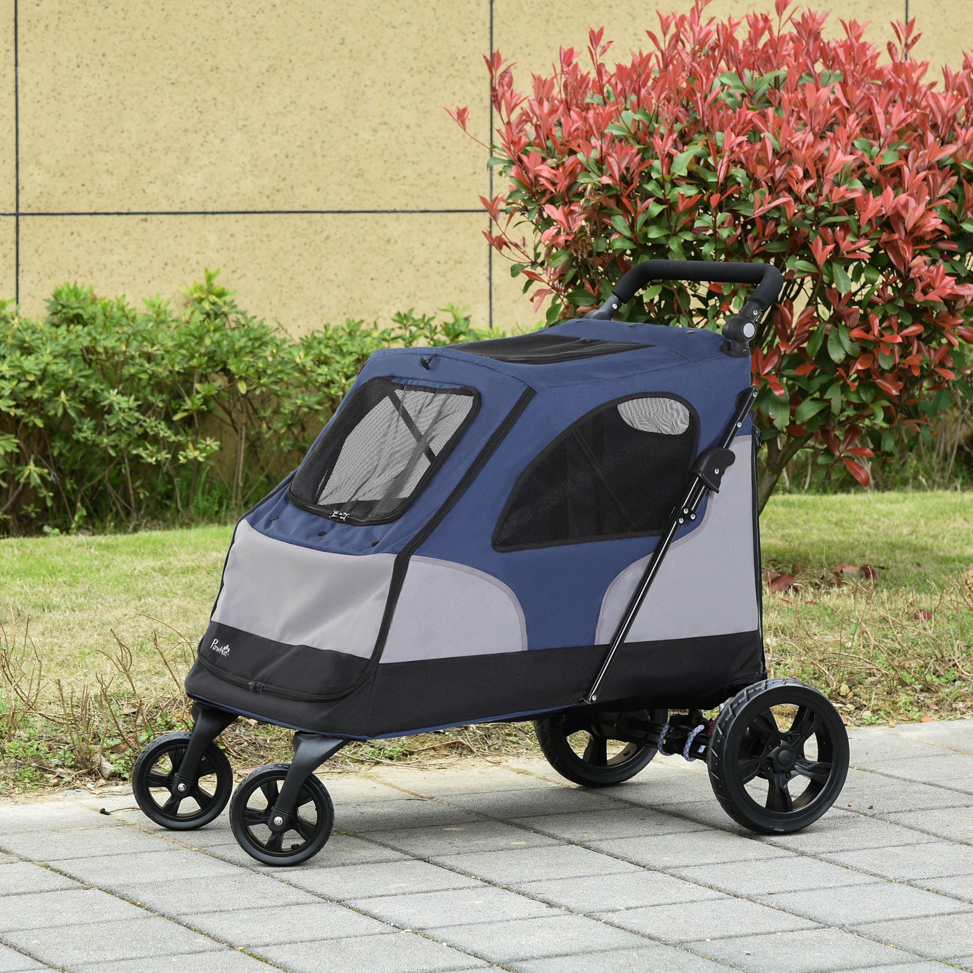 PawHut Dog Stroller Foldable Pet Trolley Pushchair Carrier Adjustable Handlebar for Medium Large Dogs Blue