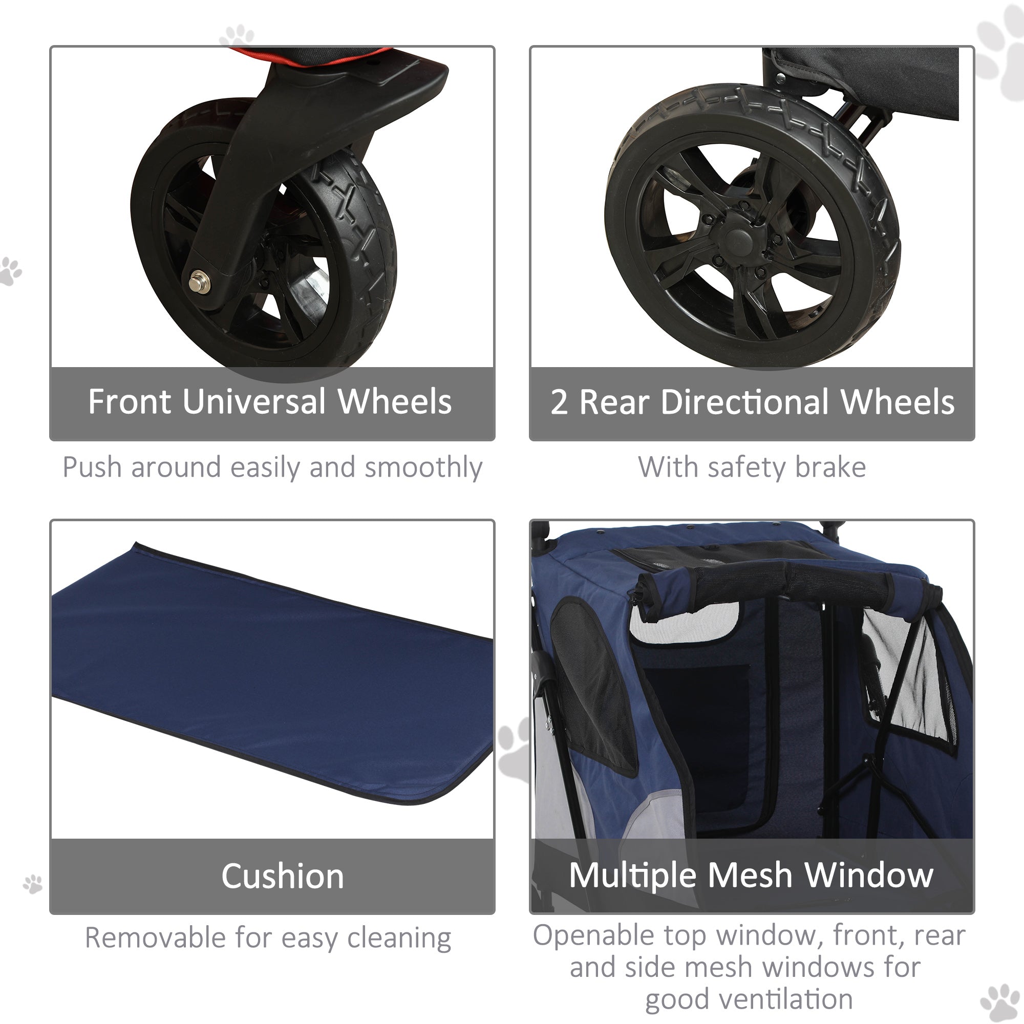 PawHut Dog Stroller Foldable Pet Trolley Pushchair Carrier Adjustable Handlebar for Medium Large Dogs Blue