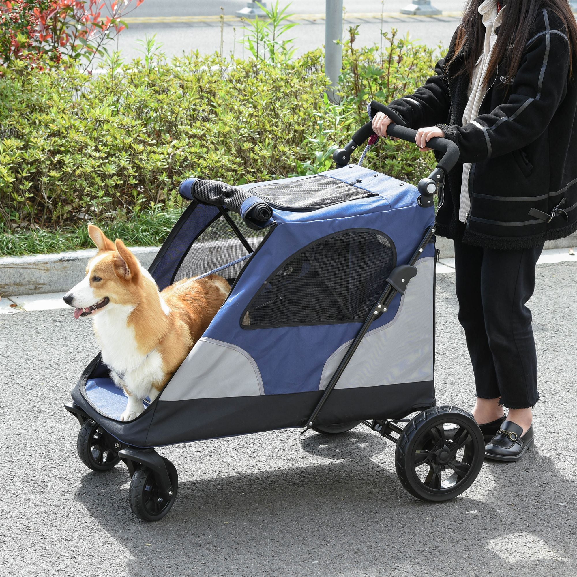 PawHut Dog Stroller Foldable Pet Trolley Pushchair Carrier Adjustable Handlebar for Medium Large Dogs Blue