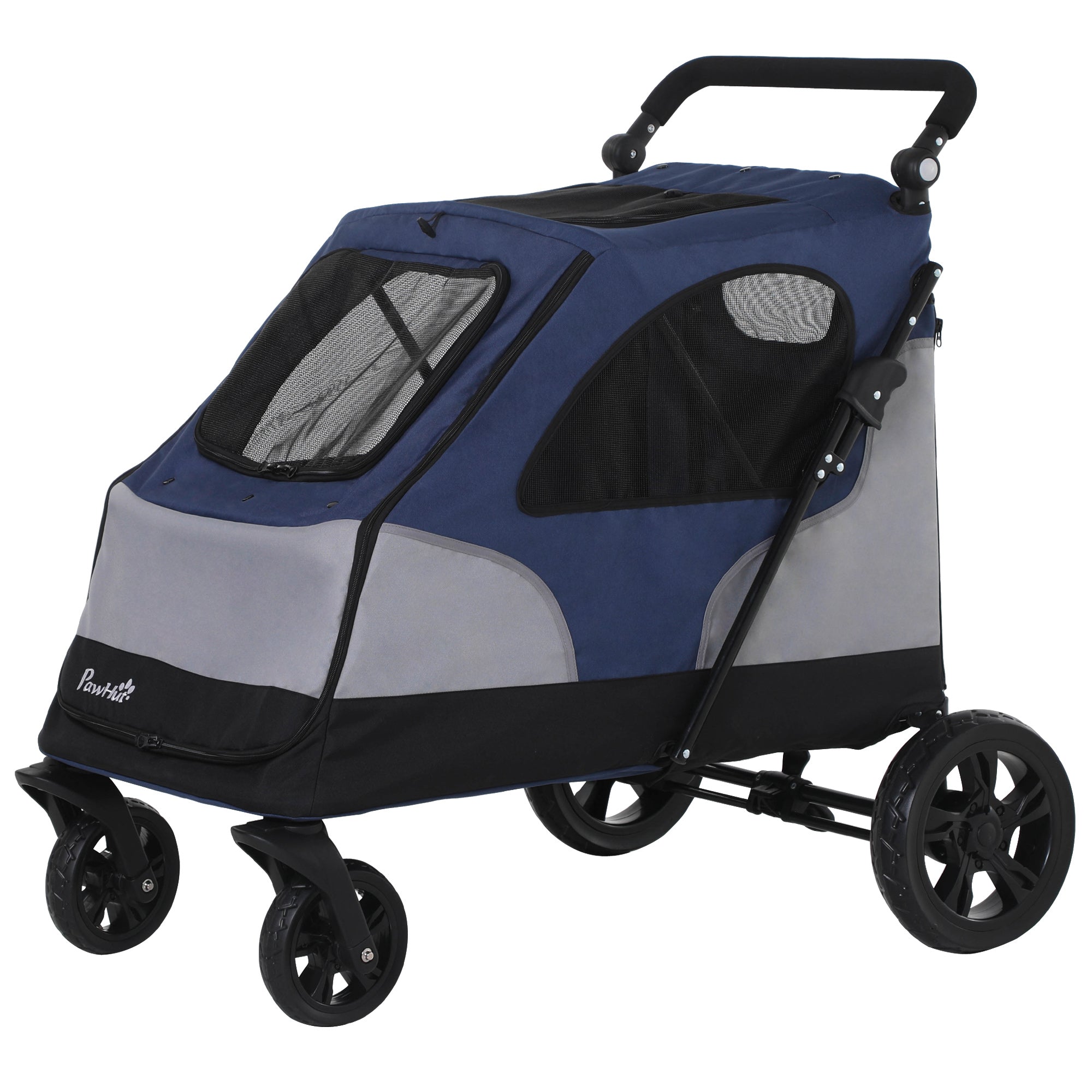 PawHut Dog Stroller Foldable Pet Trolley Pushchair Carrier Adjustable Handlebar for Medium Large Dogs Blue