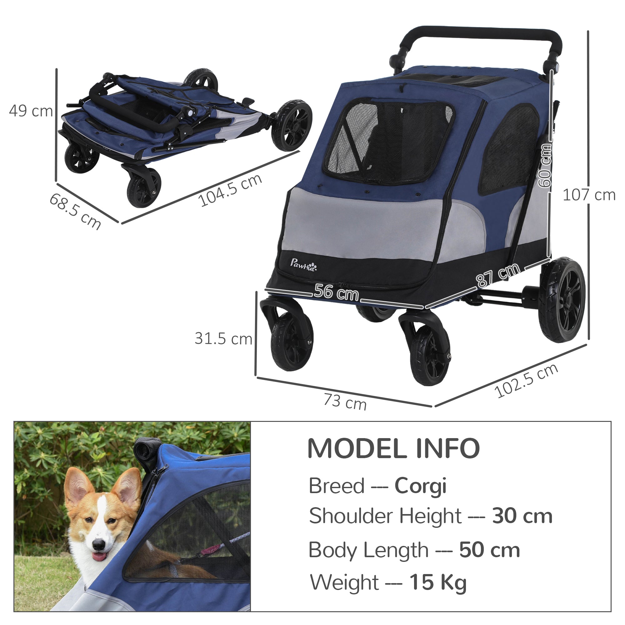 PawHut Dog Stroller Foldable Pet Trolley Pushchair Carrier Adjustable Handlebar for Medium Large Dogs Blue