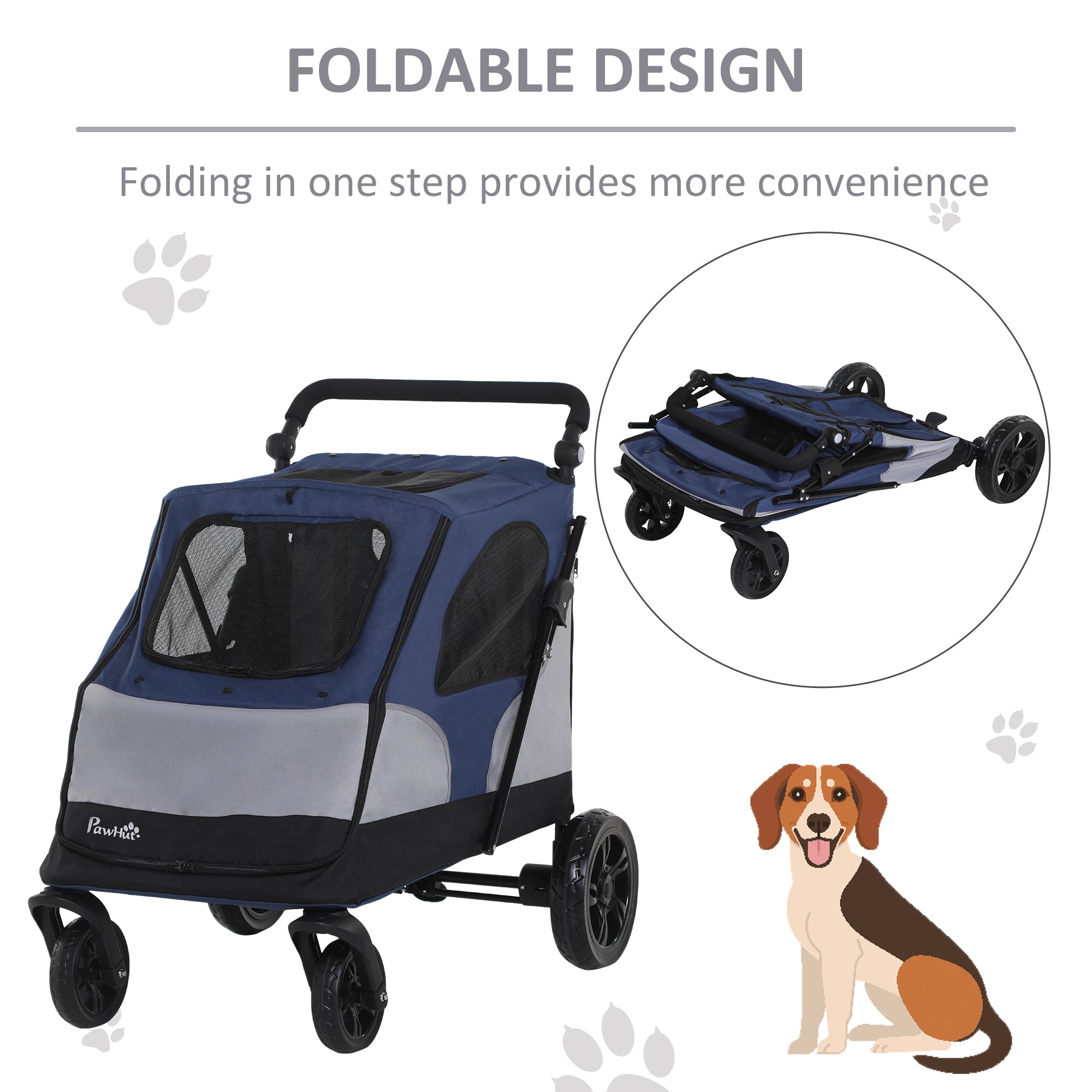 PawHut Dog Stroller Foldable Pet Trolley Pushchair Carrier Adjustable Handlebar for Medium Large Dogs Blue