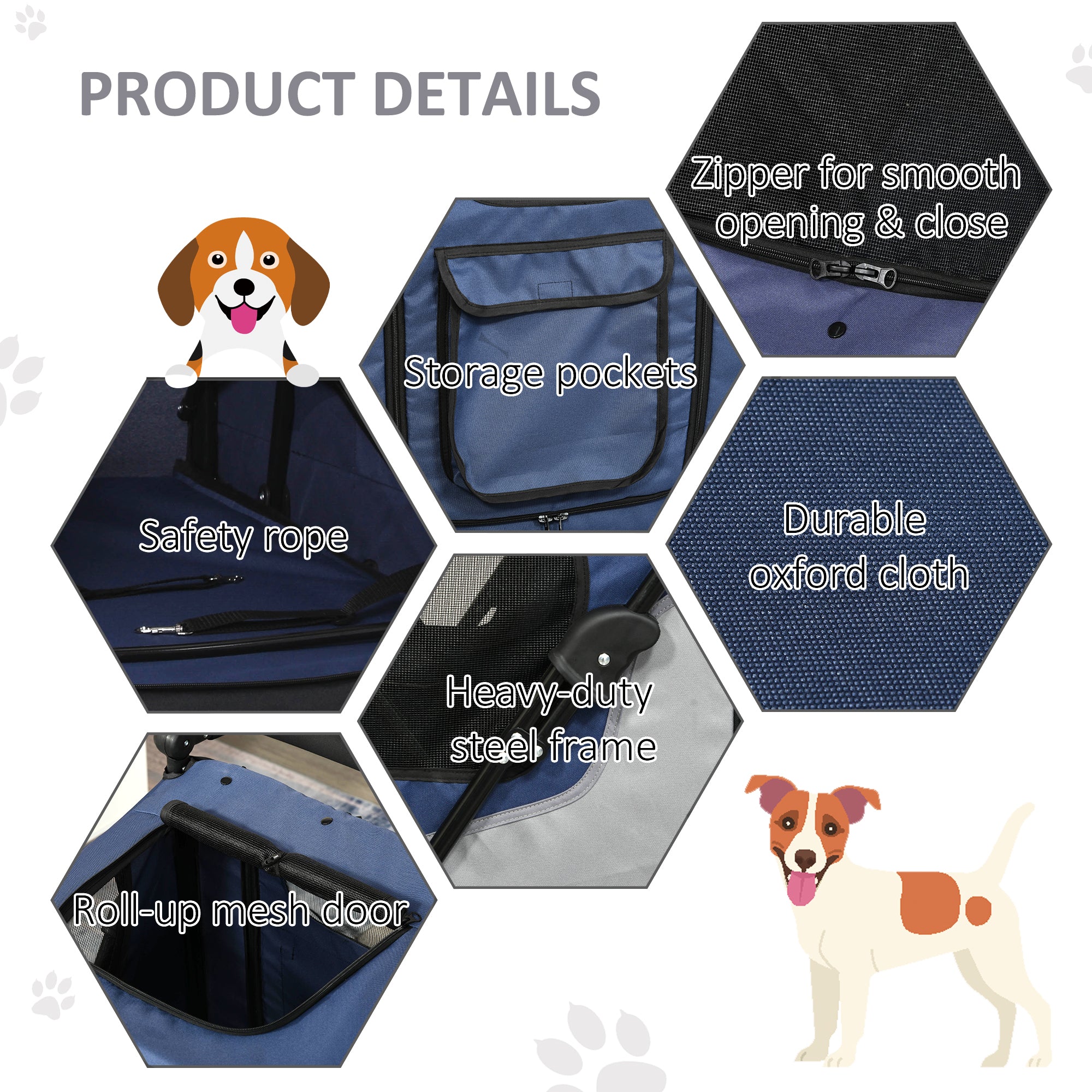 PawHut Dog Stroller Foldable Pet Trolley Pushchair Carrier Adjustable Handlebar for Medium Large Dogs Blue