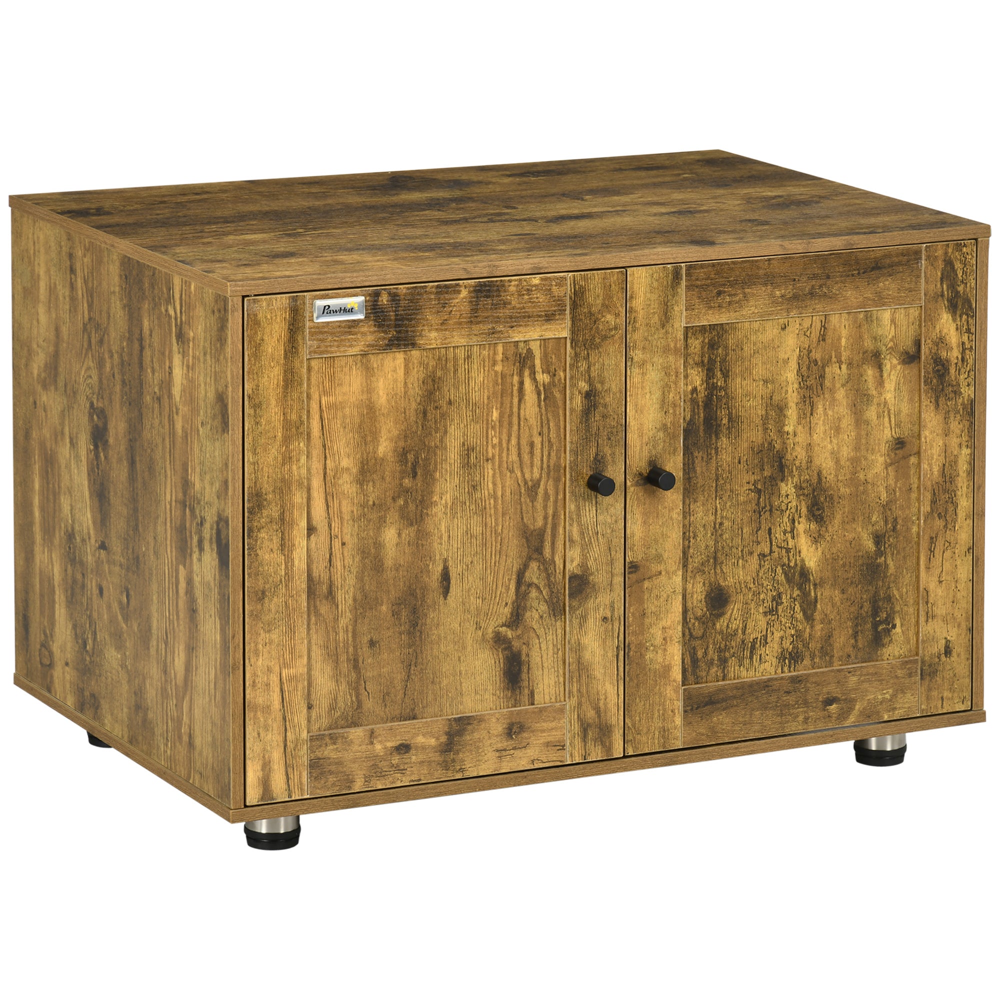 PawHut Hidden Cat Litter Box Enclosure, Cat Washroom Storage Bench Side End Table with Double Doors, Adjustable Feet, Rustic Brown