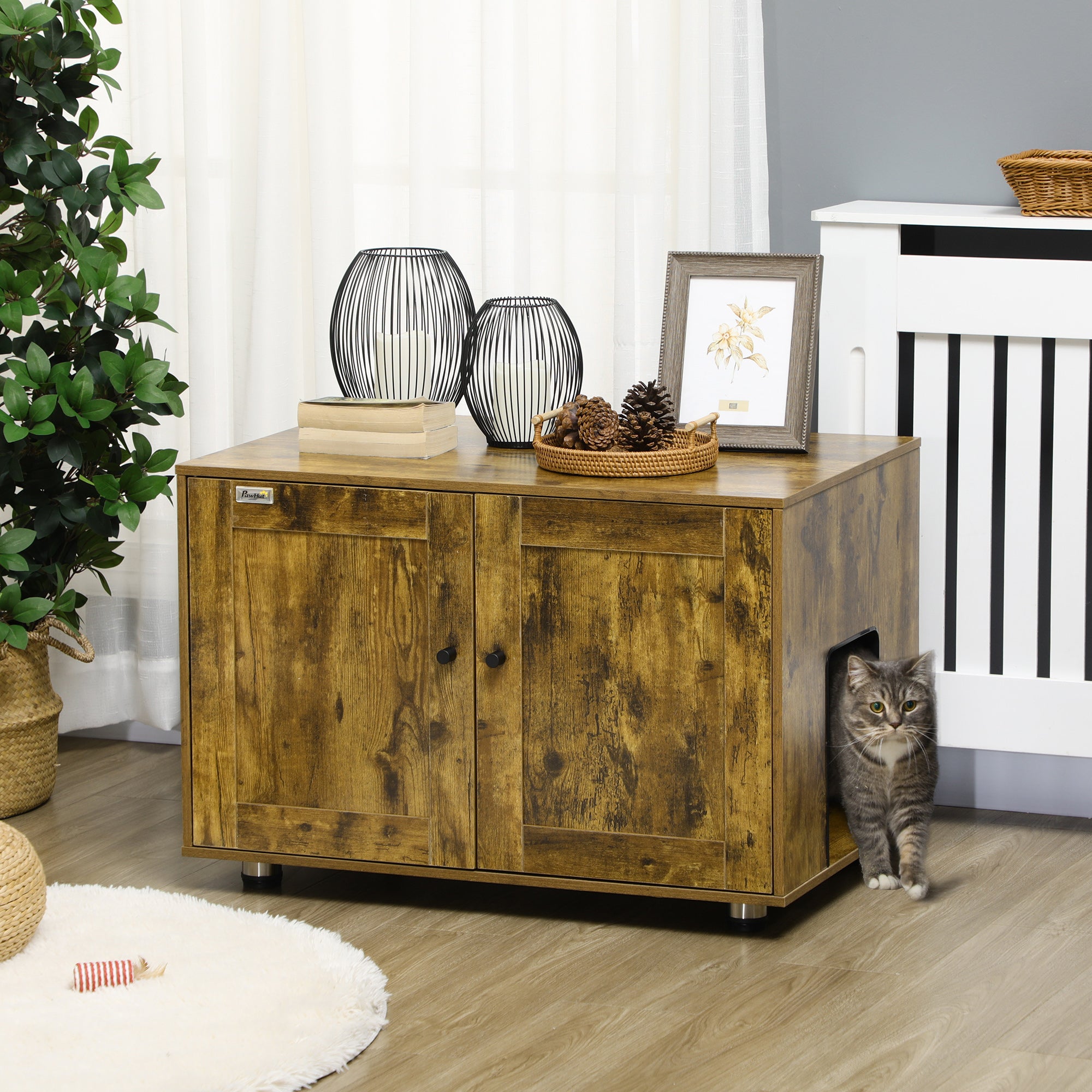 PawHut Hidden Cat Litter Box Enclosure, Cat Washroom Storage Bench Side End Table with Double Doors, Adjustable Feet, Rustic Brown