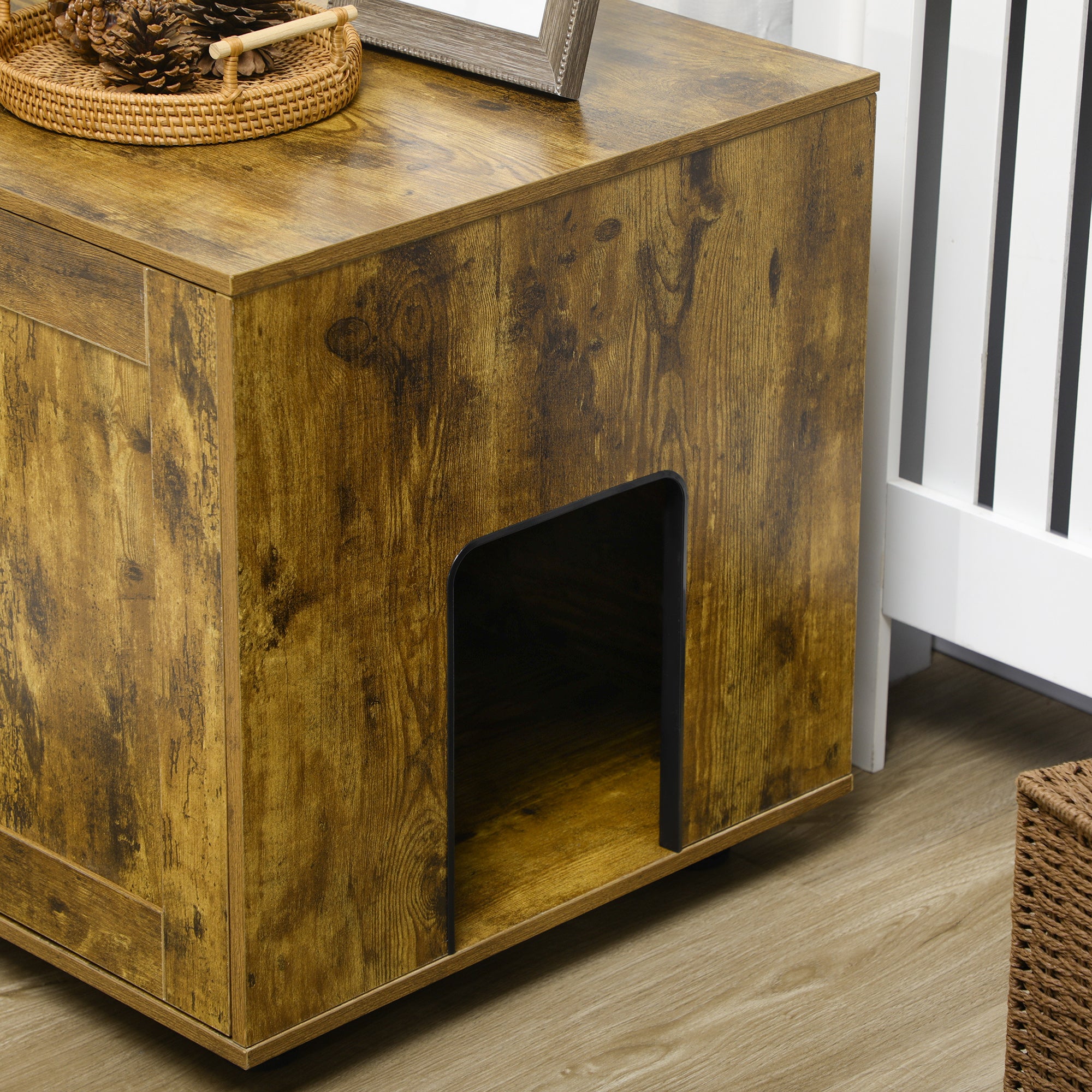 PawHut Hidden Cat Litter Box Enclosure, Cat Washroom Storage Bench Side End Table with Double Doors, Adjustable Feet, Rustic Brown