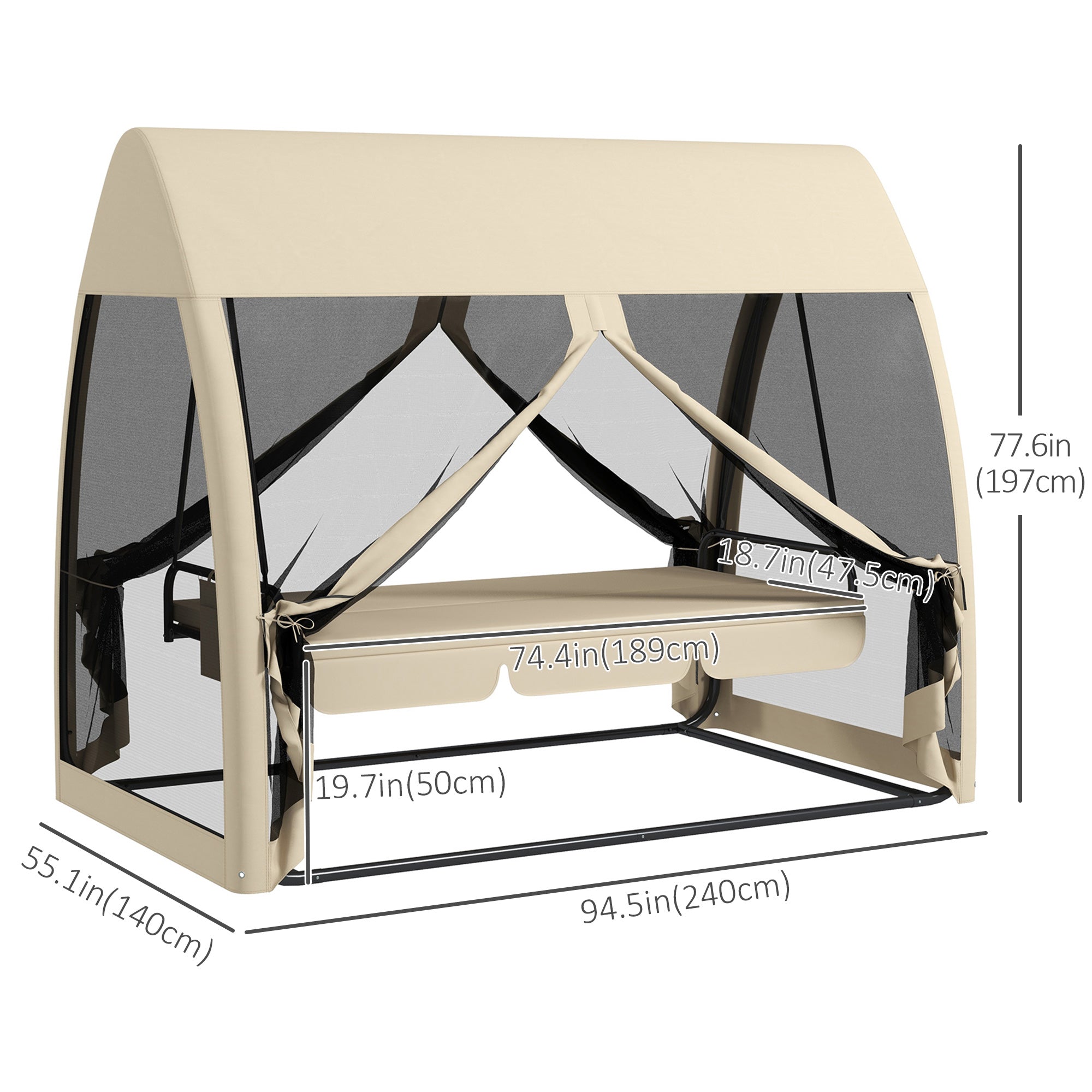 Outsunny 3-Seat Outdoor Swing Chair, Chaise Lounger Bed, Garden Hammock, Converting Flat Bed with Steel Stand, Canopy and Mesh Netting for Garden, Patio, Porch, Beige