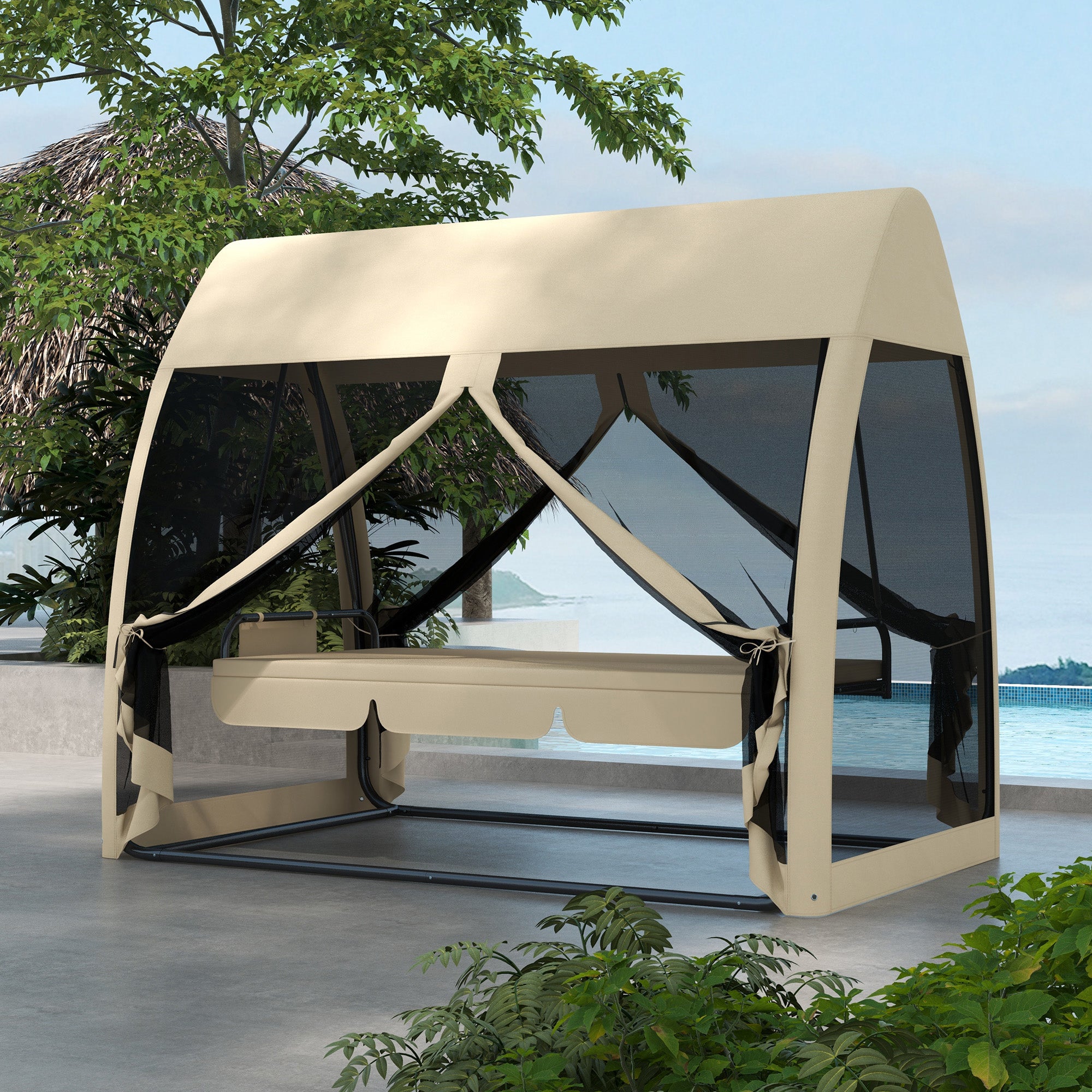 Outsunny 3-Seat Outdoor Swing Chair, Chaise Lounger Bed, Garden Hammock, Converting Flat Bed with Steel Stand, Canopy and Mesh Netting for Garden, Patio, Porch, Beige