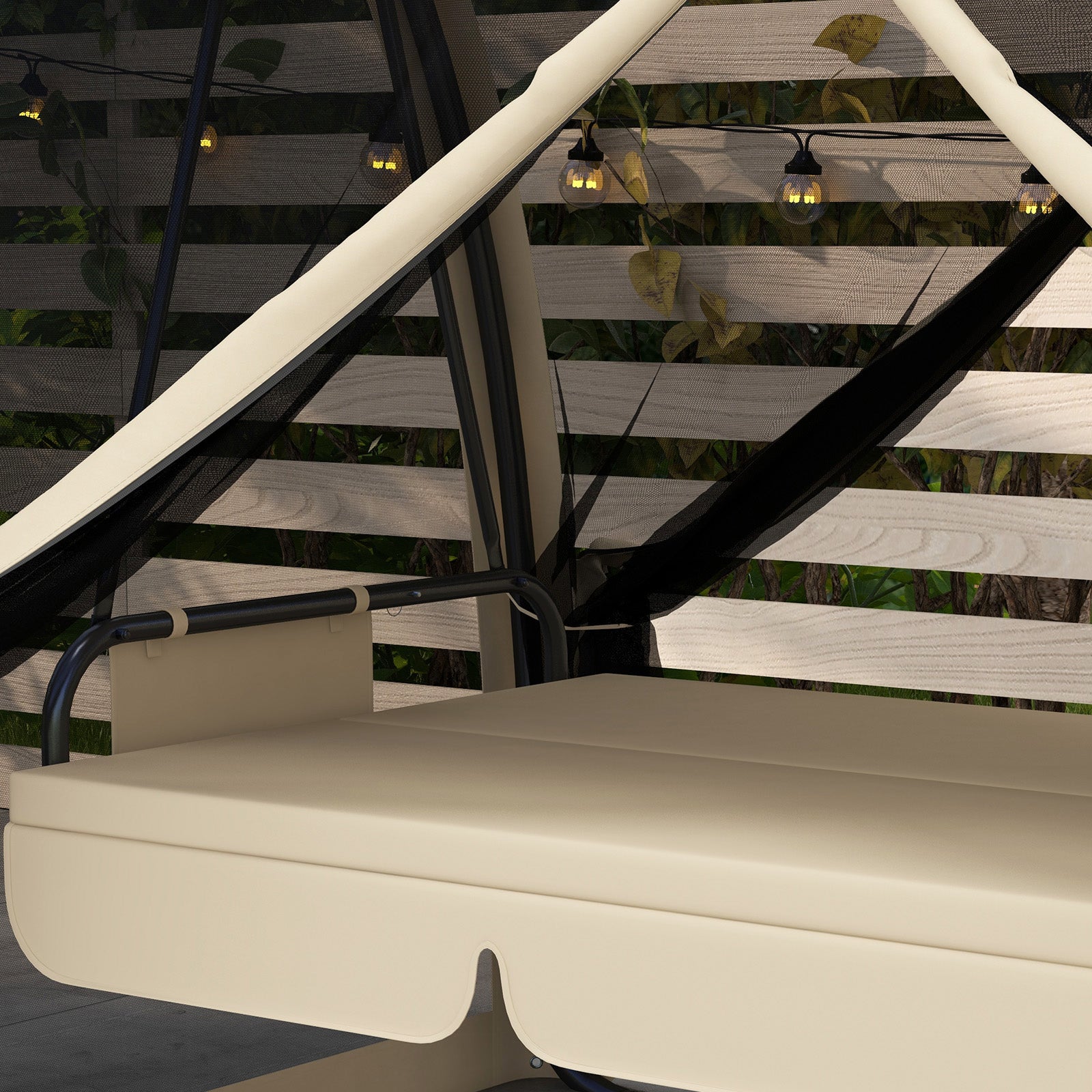 Outsunny 3-Seat Outdoor Swing Chair, Chaise Lounger Bed, Garden Hammock, Converting Flat Bed with Steel Stand, Canopy and Mesh Netting for Garden, Patio, Porch, Beige