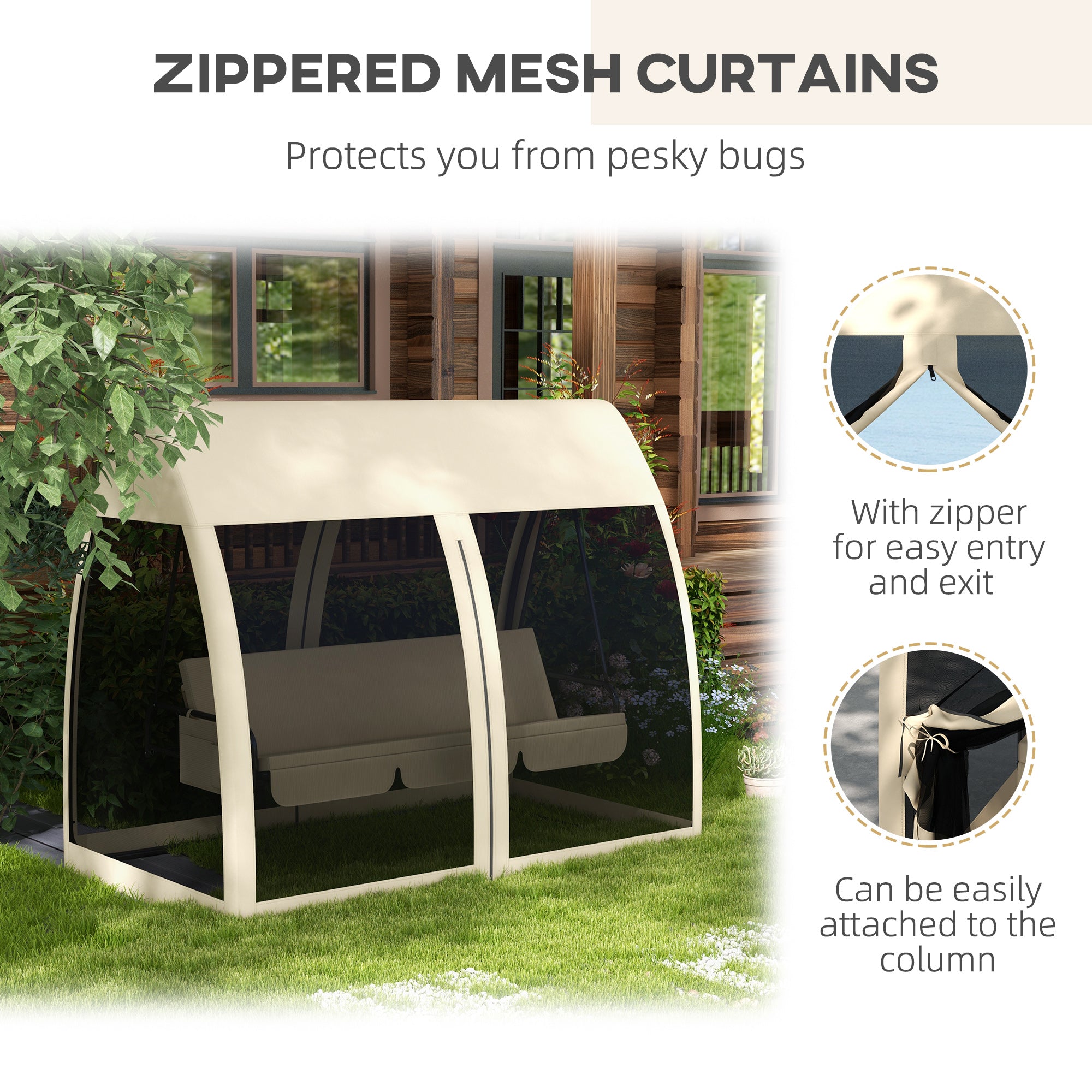 Outsunny 3-Seat Outdoor Swing Chair, Chaise Lounger Bed, Garden Hammock, Converting Flat Bed with Steel Stand, Canopy and Mesh Netting for Garden, Patio, Porch, Beige