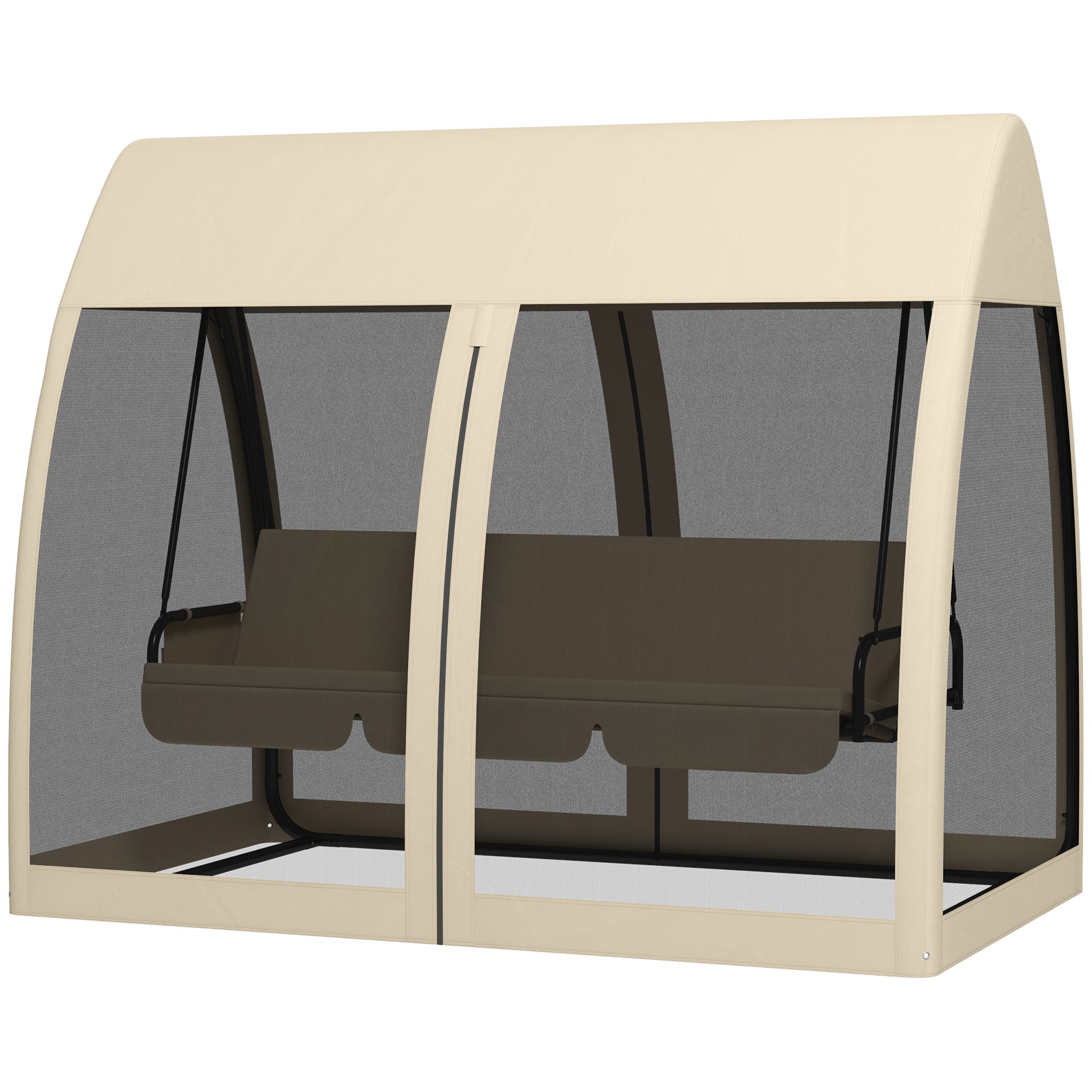 Outsunny 3-Seat Outdoor Swing Chair, Chaise Lounger Bed, Garden Hammock, Converting Flat Bed with Steel Stand, Canopy and Mesh Netting for Garden, Patio, Porch, Beige