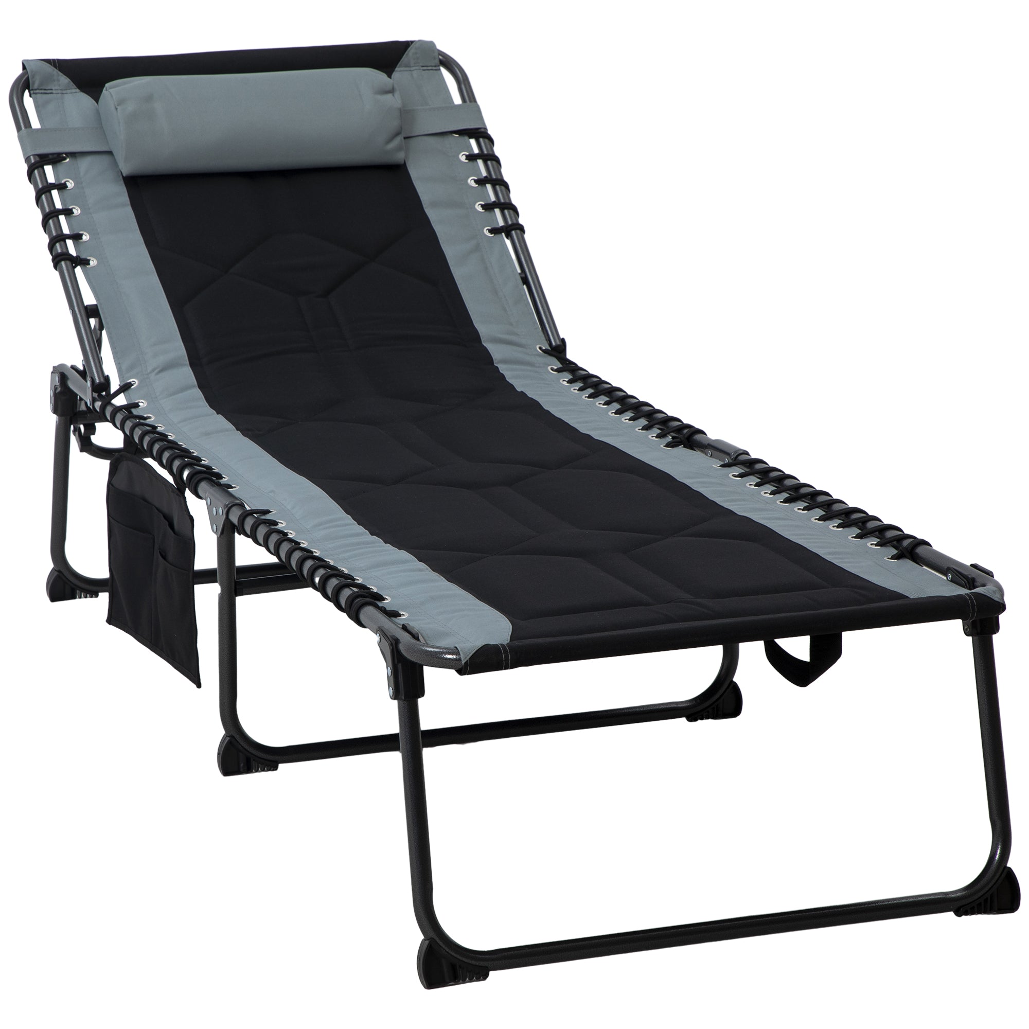Outsunny Folding Chaise Lounge w/ 5-level Reclining Back, Outdoor Tanning Chair Lounge Chair w/ Padded Seat, Side Pocket, Headrest, Carry Strap, for Beach, Yard, Patio, Black