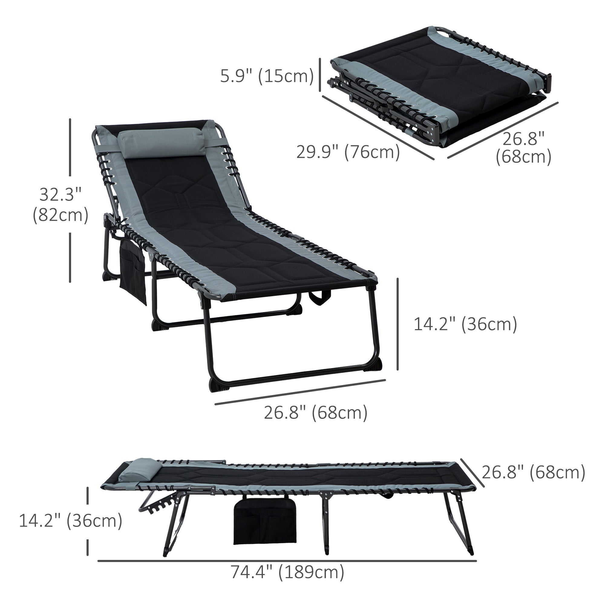 Outsunny Folding Chaise Lounge w/ 5-level Reclining Back, Outdoor Tanning Chair Lounge Chair w/ Padded Seat, Side Pocket, Headrest, Carry Strap, for Beach, Yard, Patio, Black