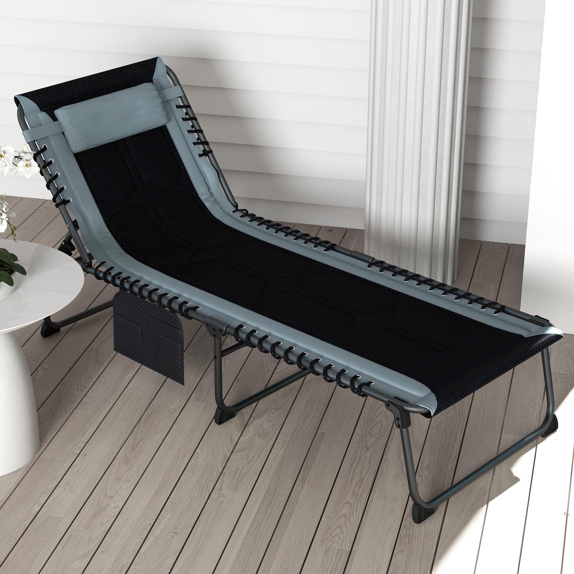 Outsunny Folding Chaise Lounge w/ 5-level Reclining Back, Outdoor Tanning Chair Lounge Chair w/ Padded Seat, Side Pocket, Headrest, Carry Strap, for Beach, Yard, Patio, Black