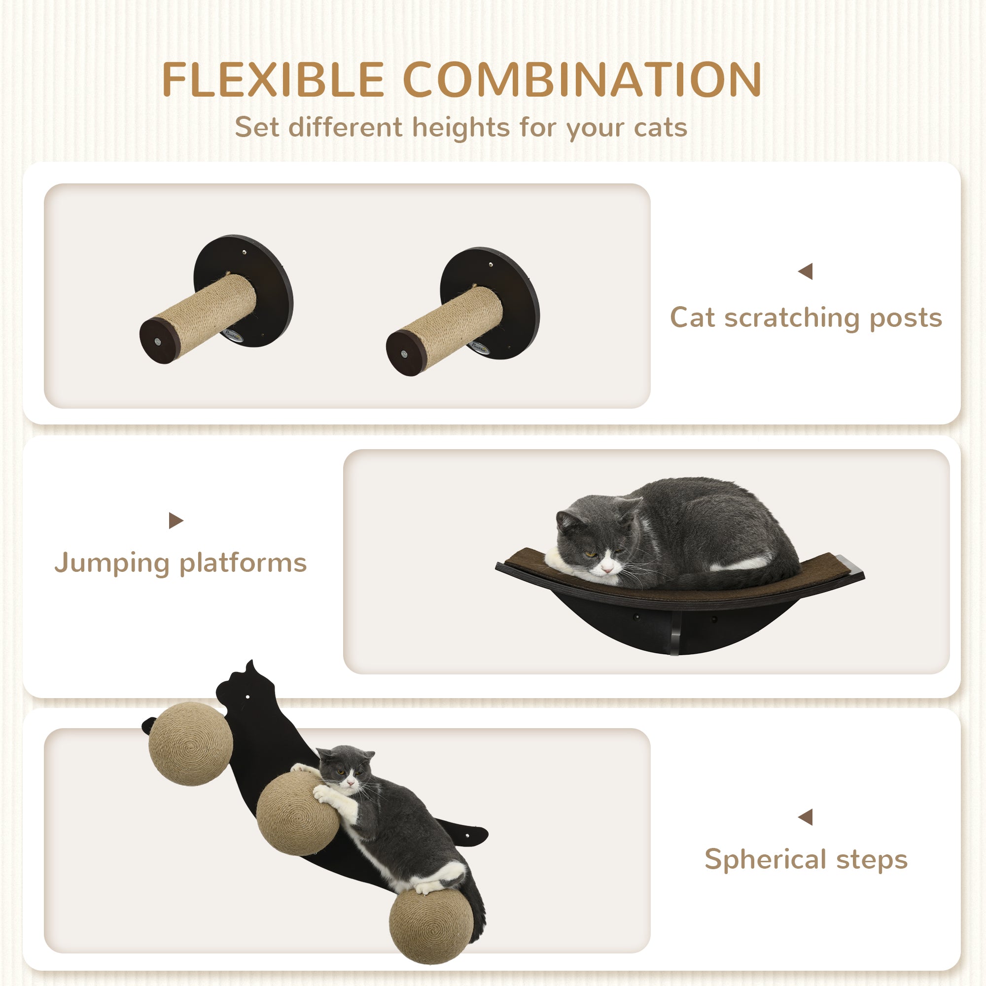 PawHut Cat Wall Furniture 4PCs Wall Mounted Cat Tree Shelves, Scratching Posts, Cat-Shaped Platform with Three Scratching Balls - Brown