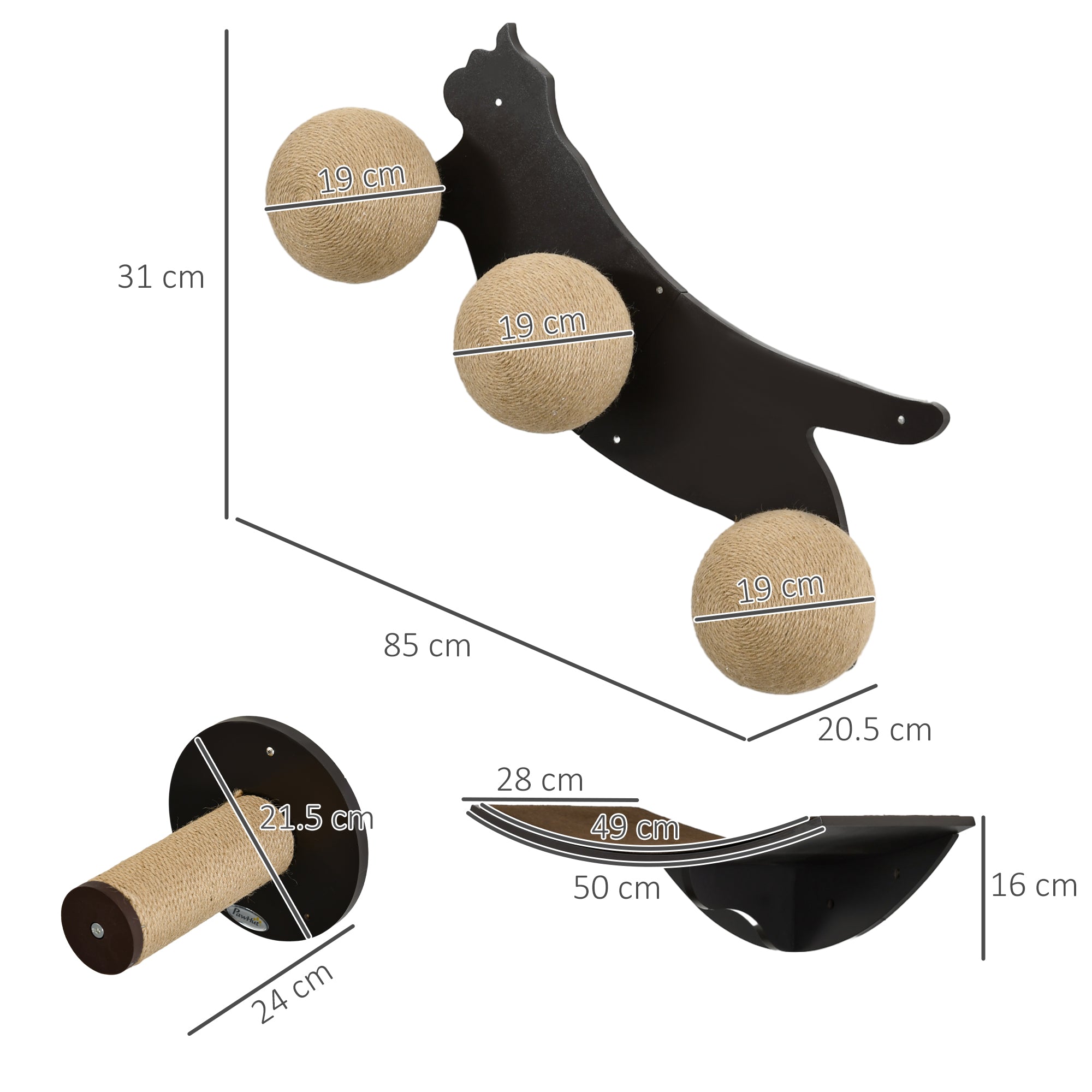 PawHut Cat Wall Furniture 4PCs Wall Mounted Cat Tree Shelves, Scratching Posts, Cat-Shaped Platform with Three Scratching Balls - Brown