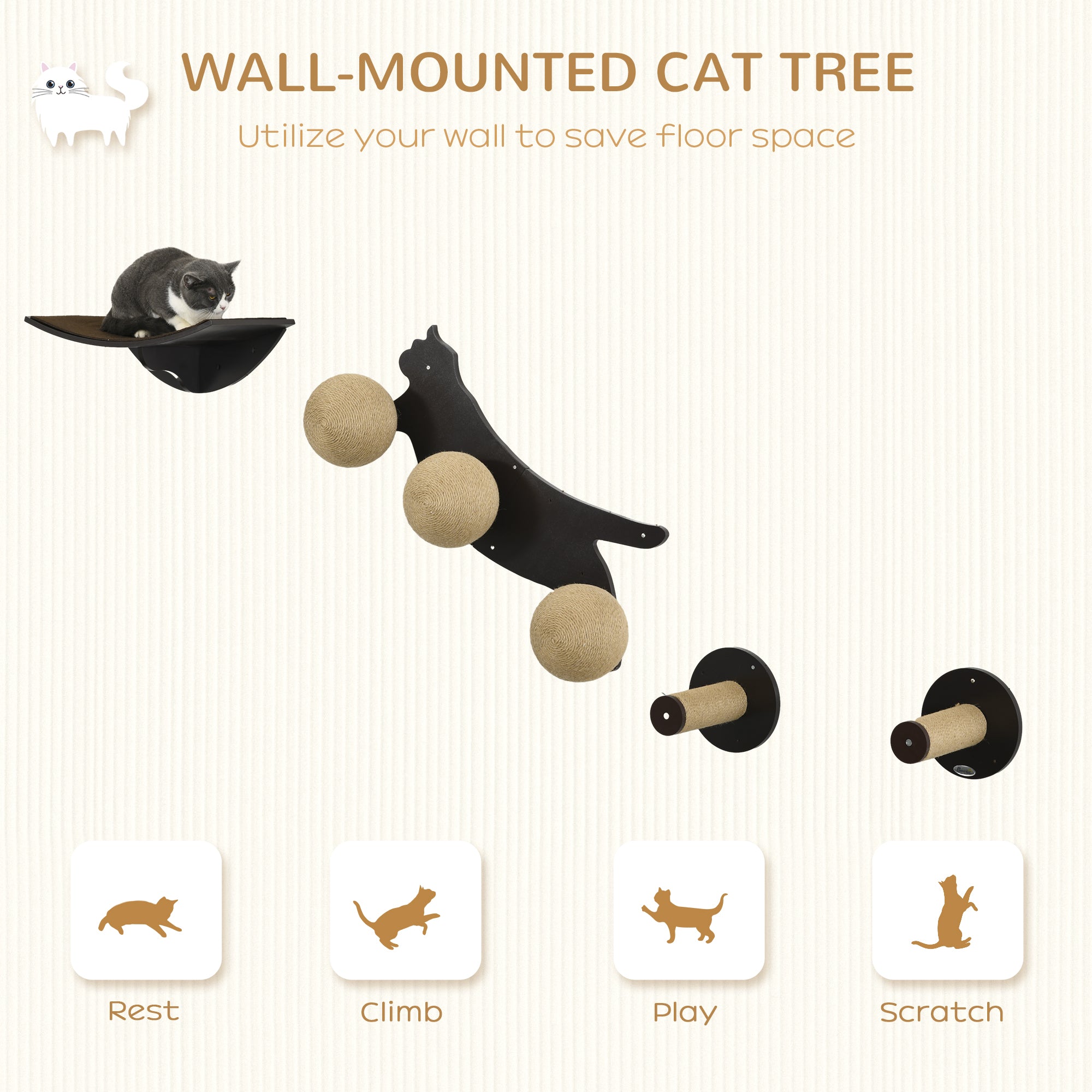 PawHut Cat Wall Furniture 4PCs Wall Mounted Cat Tree Shelves, Scratching Posts, Cat-Shaped Platform with Three Scratching Balls - Brown
