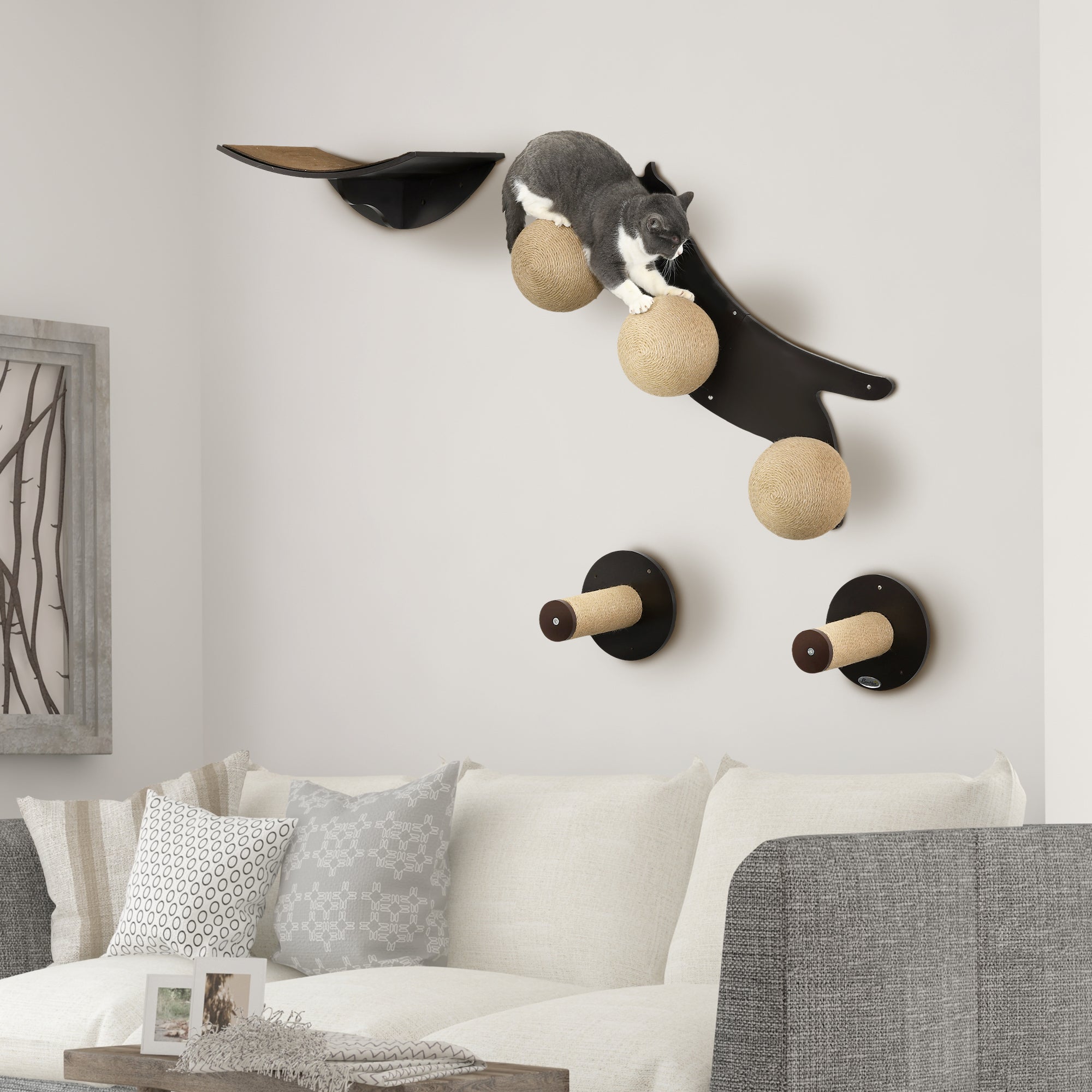 PawHut Cat Wall Furniture 4PCs Wall Mounted Cat Tree Shelves, Scratching Posts, Cat-Shaped Platform with Three Scratching Balls - Brown
