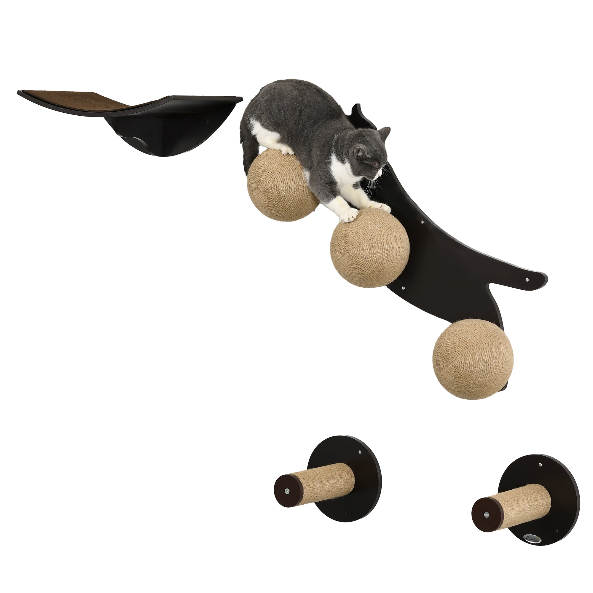 PawHut Cat Wall Furniture 4PCs Wall Mounted Cat Tree Shelves, Scratching Posts, Cat-Shaped Platform with Three Scratching Balls - Brown