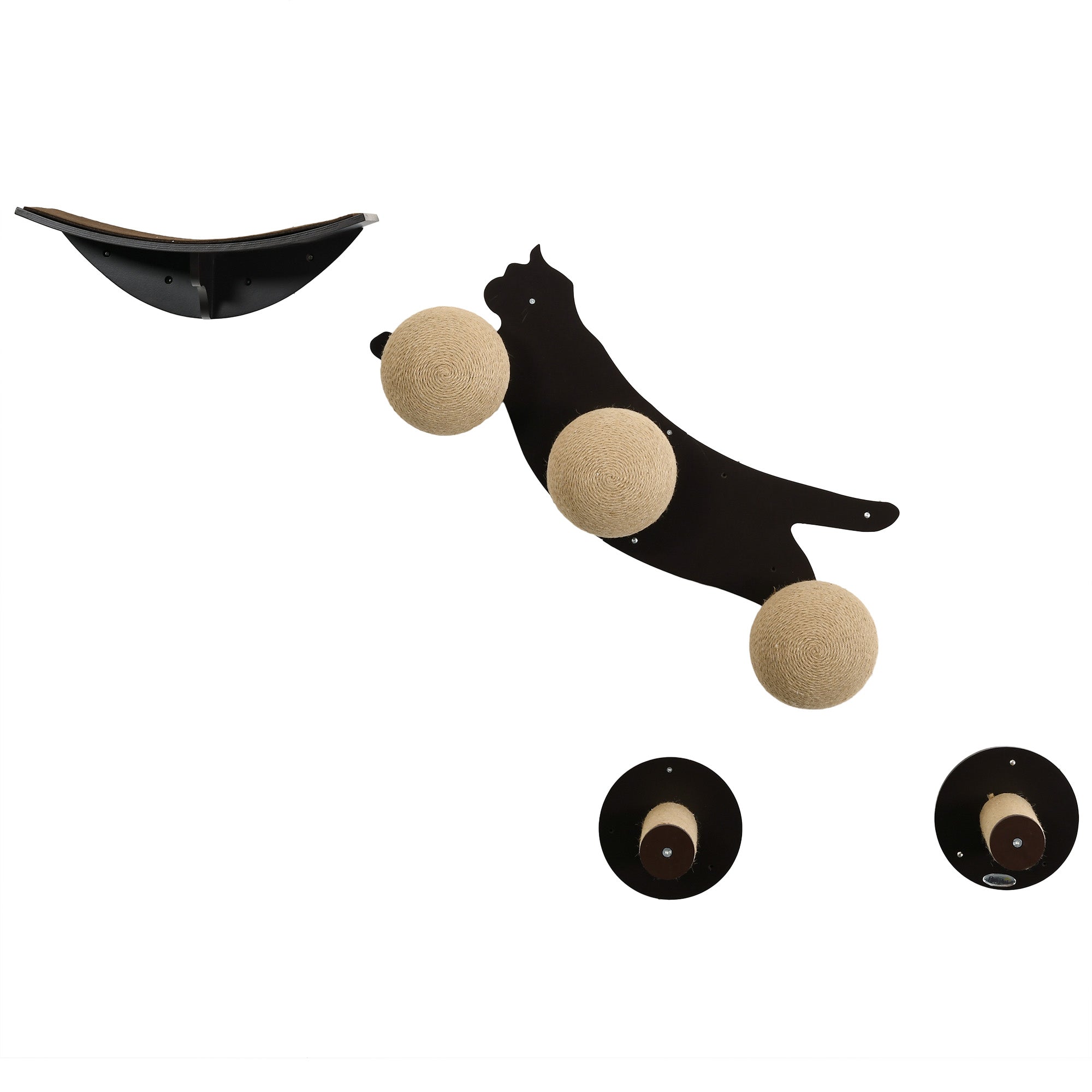 PawHut Cat Wall Furniture 4PCs Wall Mounted Cat Tree Shelves, Scratching Posts, Cat-Shaped Platform with Three Scratching Balls - Brown